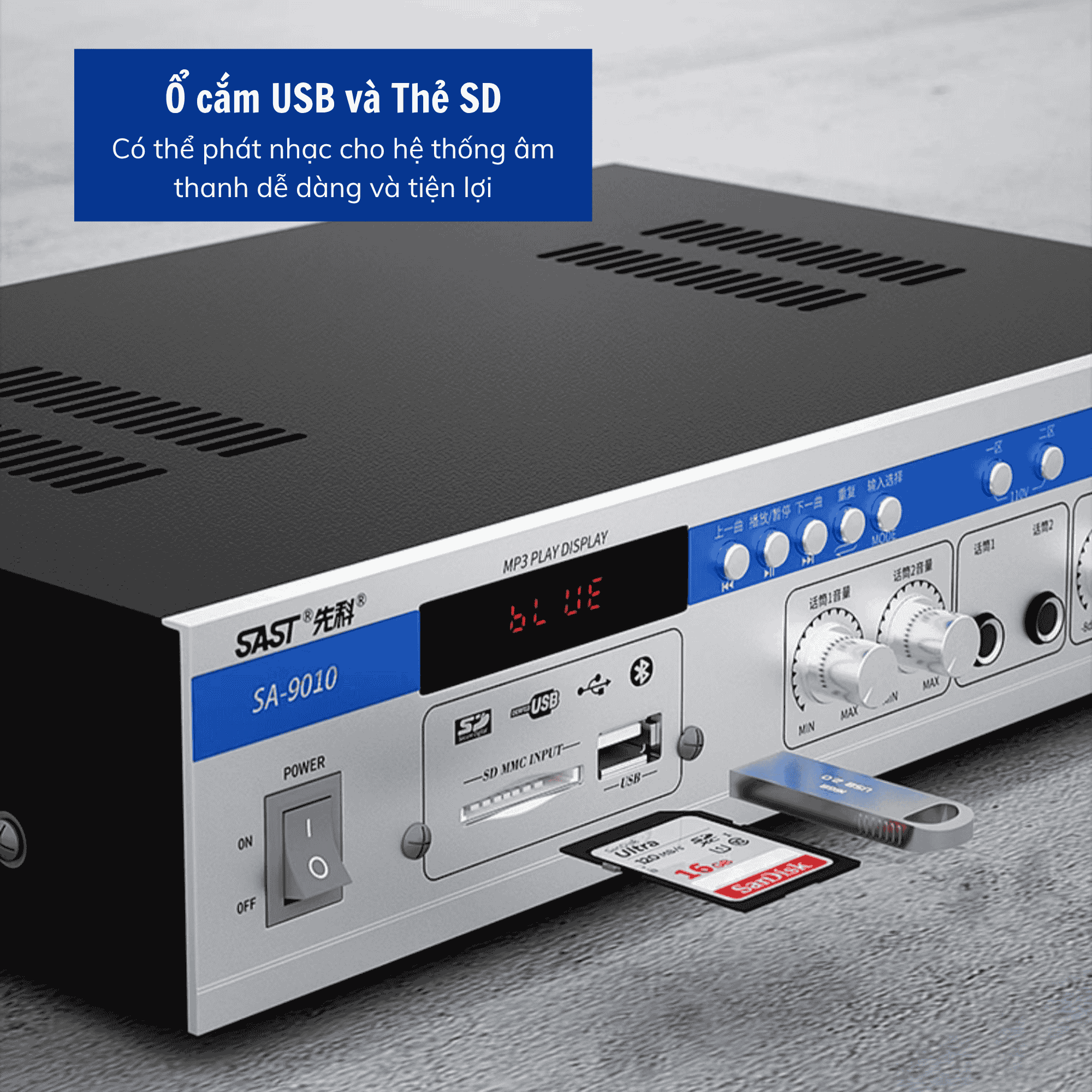 Amply SAST SA-9010 150W, Hỗ Trợ Bluetooth/ USB/ Thẻ SD/ AUX, Amply Chia 2 Vùng Âm Thanh, Hỗ Trợ Đài FM