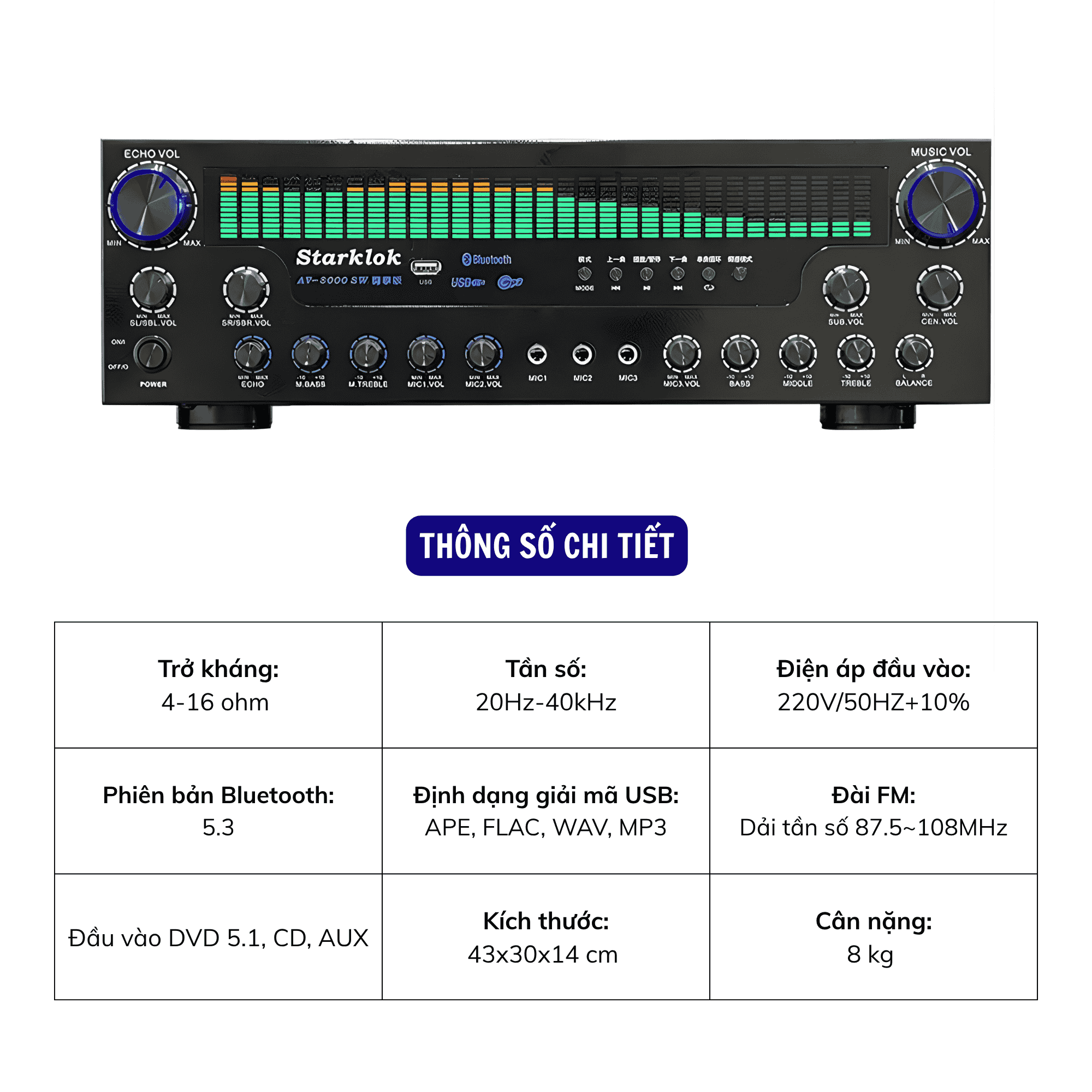 Amply Karaoke Starklok AV-8000SW, Amply Gia Đình Bluetooth 5.3, Hỗ Trợ 2 Cổng Sub