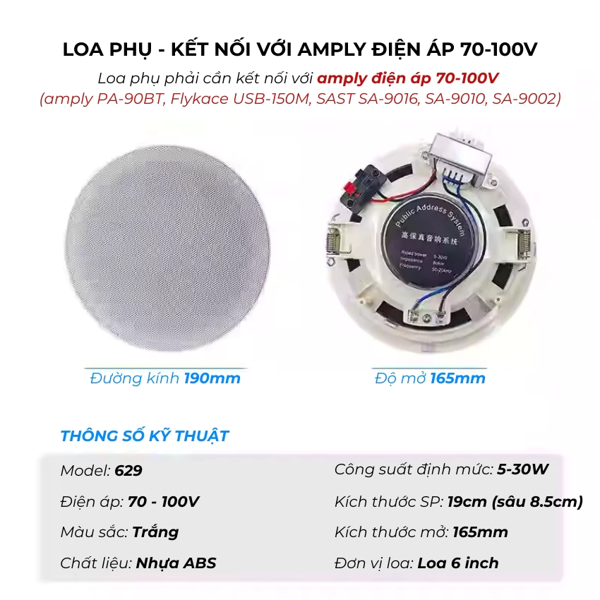 Loa âm trần 629 Công suất định mức 20w, Loa âm trần sử dụng amply điện áp chuyên dụng