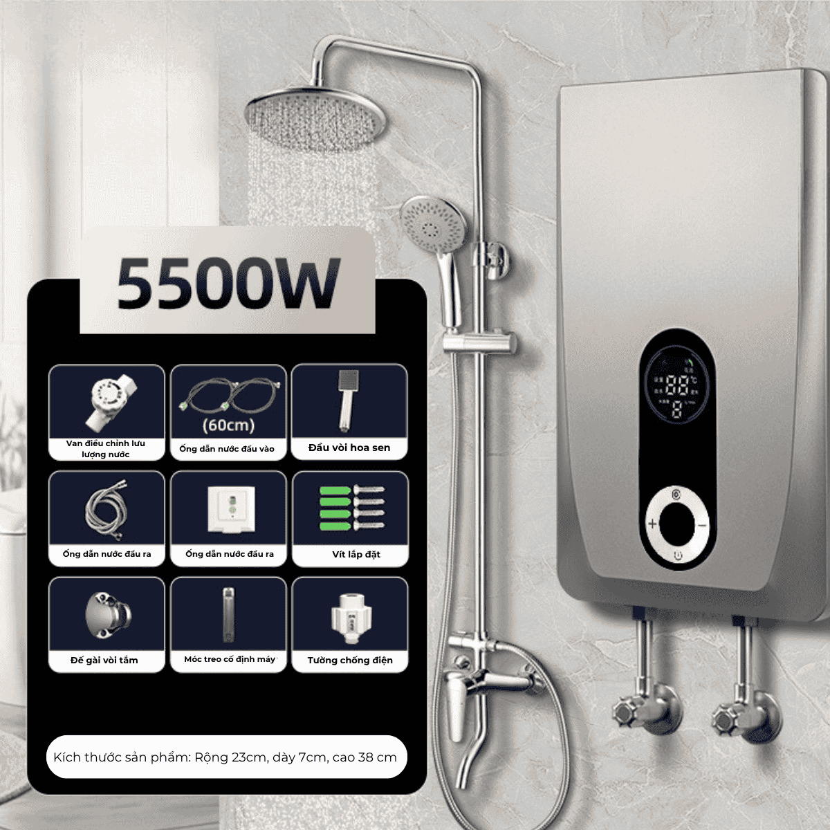 Máy nước nóng trực tiếp Gunssi DSK-55-có bơm tăng áp-tích hợp nhiều chức năng an toàn-chống rò rỉ