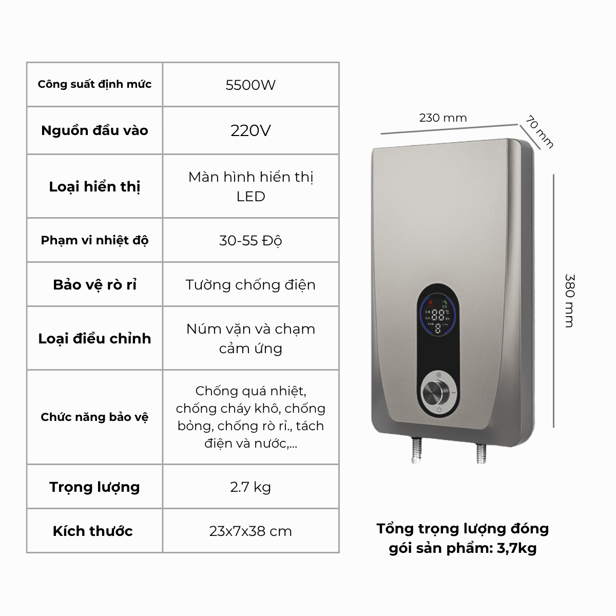 Máy nước nóng trực tiếp Gunssi DSK-55-có bơm tăng áp-tích hợp nhiều chức năng an toàn-chống rò rỉ