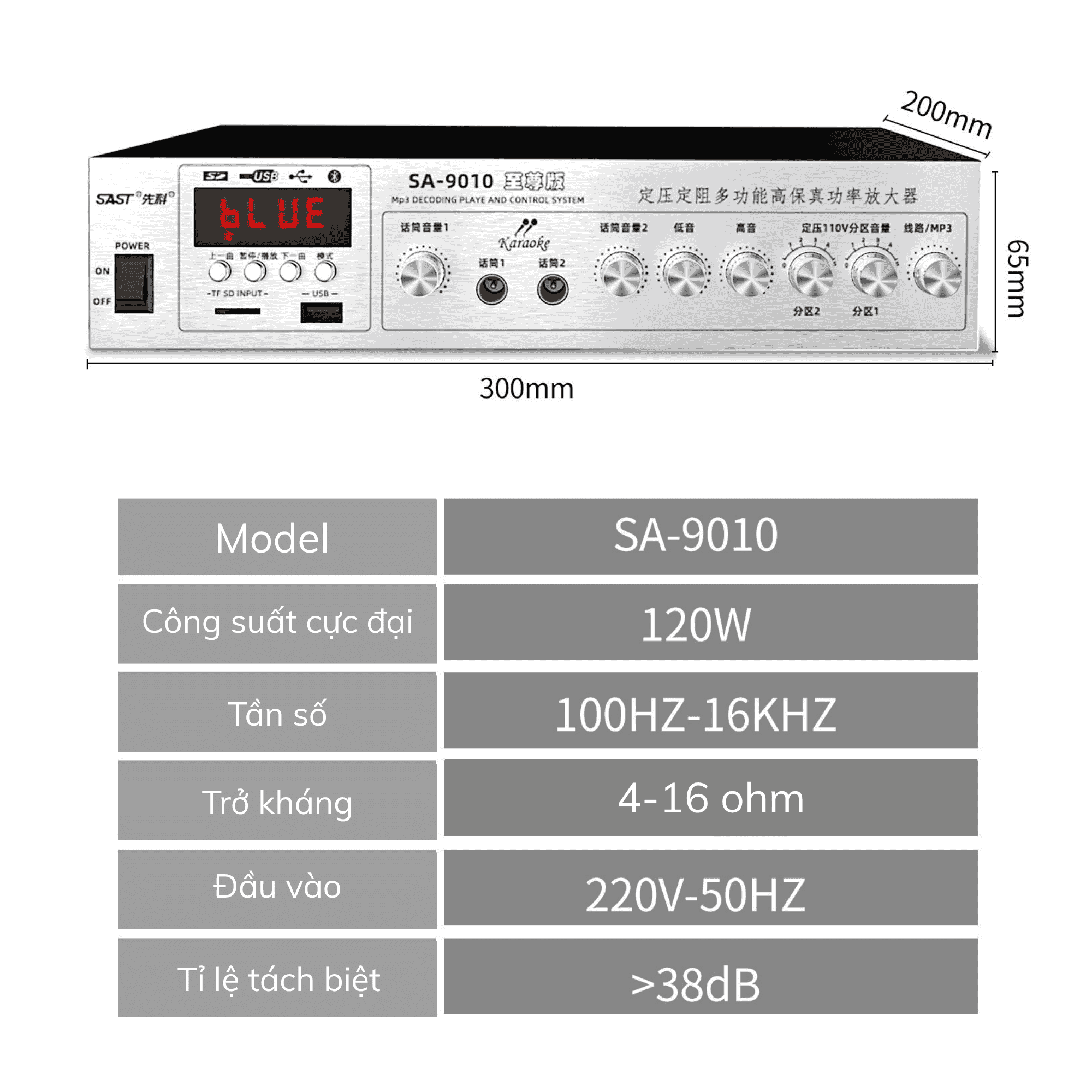 Amply SAST SA-9010 Công suất 120w, Hỗ Trợ Bluetooth/ USB/ Thẻ SD/ AUX, Amply Chia 2 Vùng Âm Thanh
