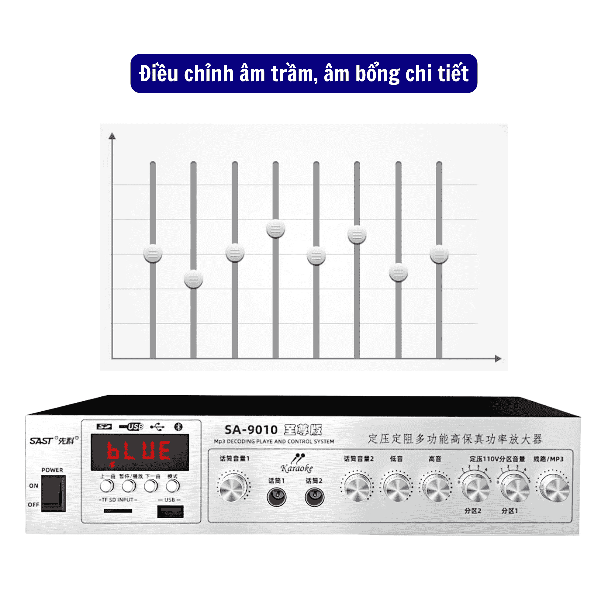 Amply SAST SA-9010 Công suất 120w, Hỗ Trợ Bluetooth/ USB/ Thẻ SD/ AUX, Amply Chia 2 Vùng Âm Thanh