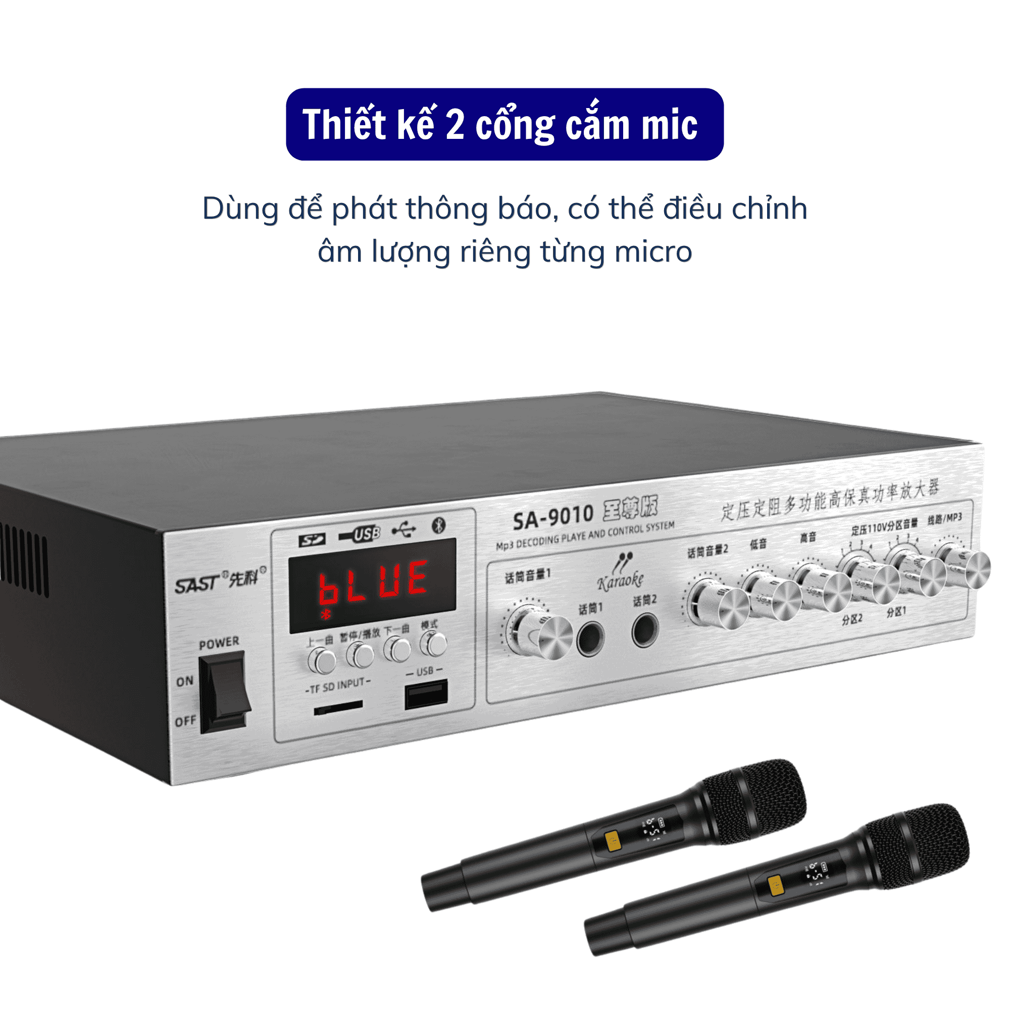 Amply SAST SA-9010 Công suất 120w, Hỗ Trợ Bluetooth/ USB/ Thẻ SD/ AUX, Amply Chia 2 Vùng Âm Thanh