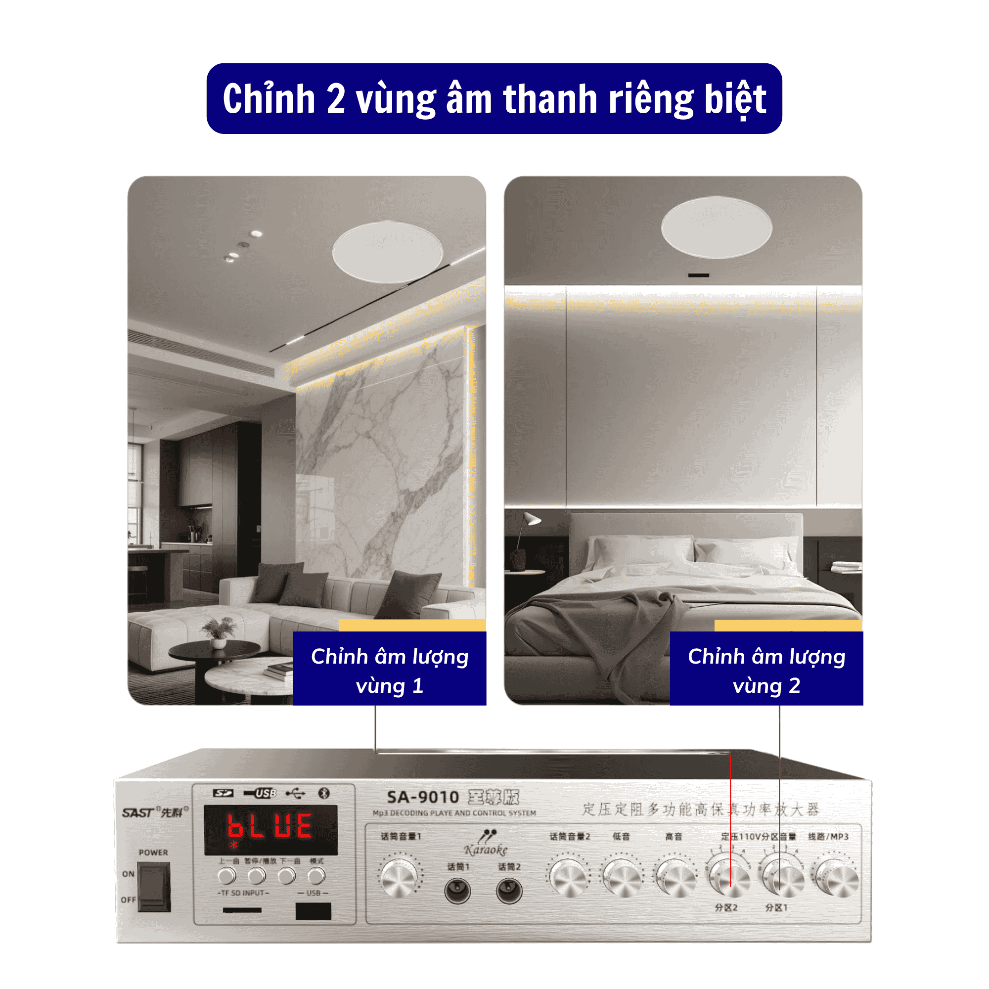 Amply SAST SA-9010 Công suất 120w, Hỗ Trợ Bluetooth/ USB/ Thẻ SD/ AUX, Amply Chia 2 Vùng Âm Thanh