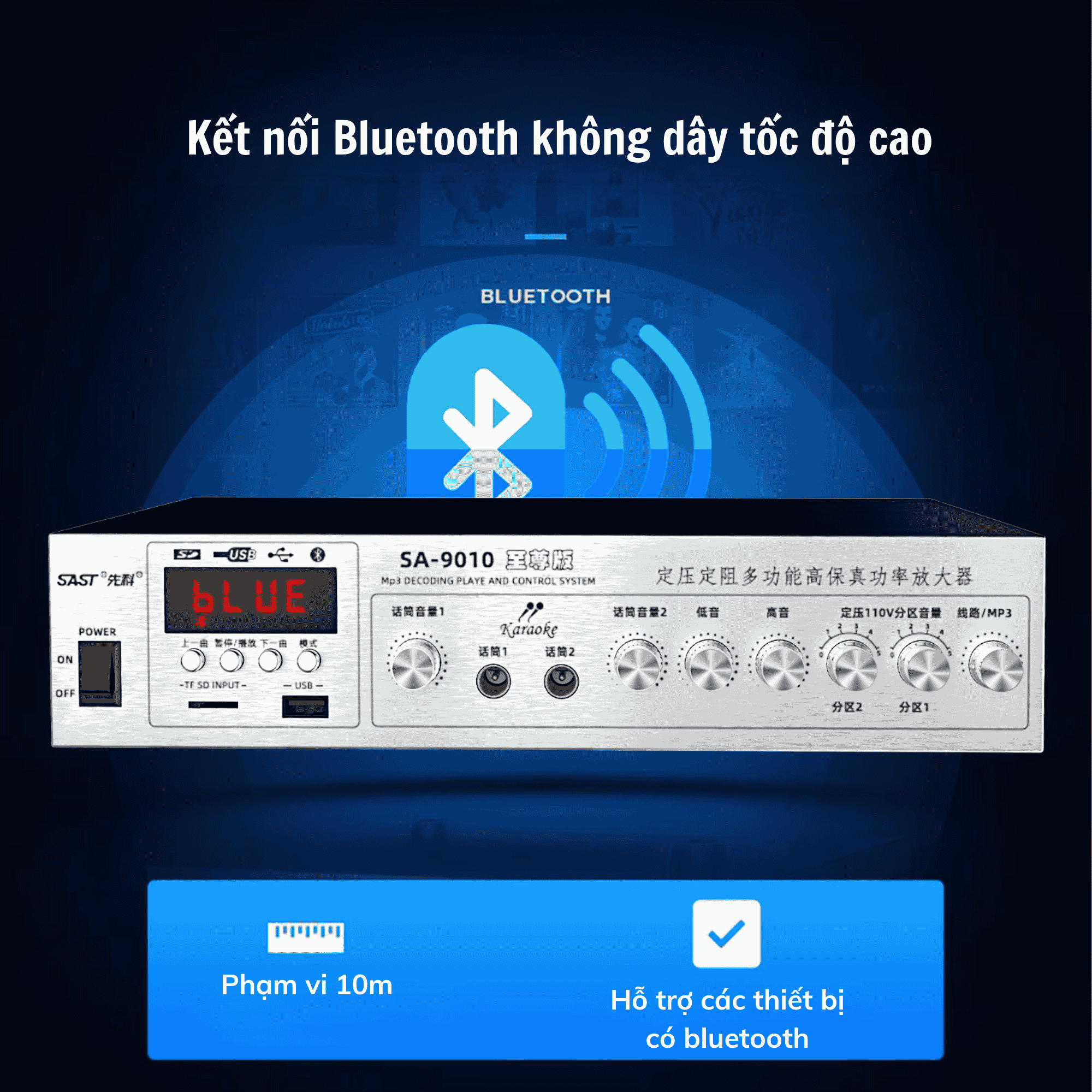 Amply SAST SA-9010 Công suất 120w, Hỗ Trợ Bluetooth/ USB/ Thẻ SD/ AUX, Amply Chia 2 Vùng Âm Thanh