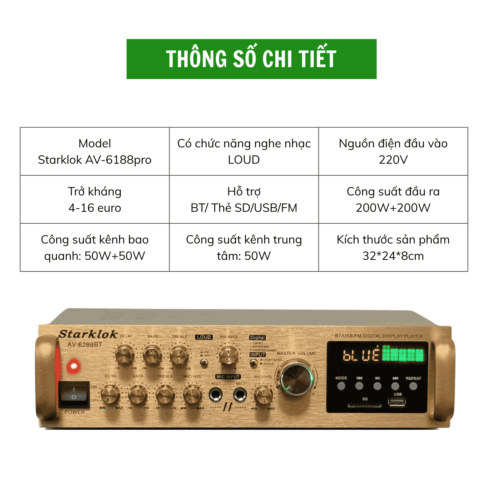 Amply Starklok AV-6188Pro – Amply Nghe Nhạc Bluetooth, Karaoke Gia Đình, Chống Nhiễu, Echo Hay