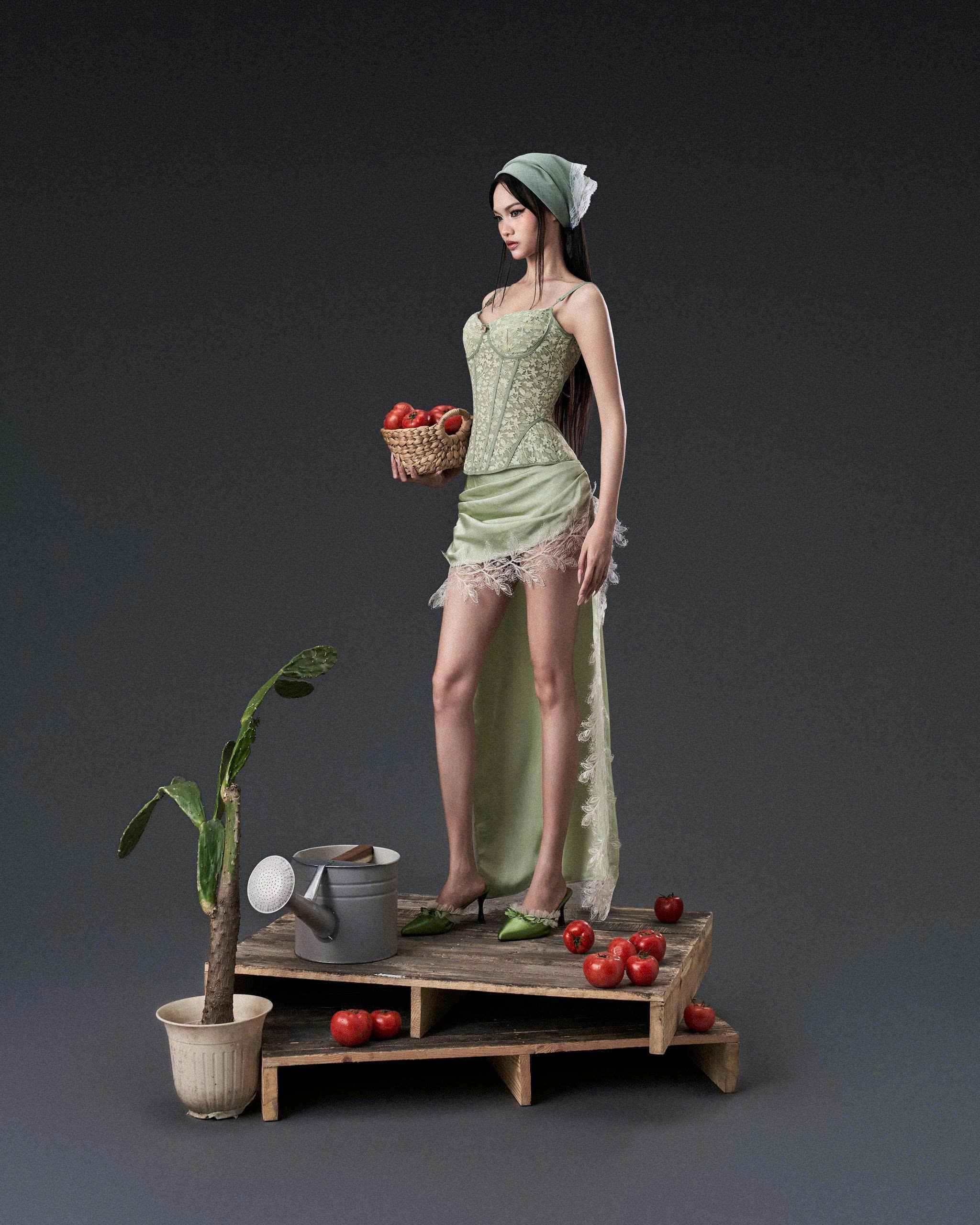 Chân váy lụa vạt ngắn dài bất đối xứng xanh bơ phối ren trắng - Jade Skirt