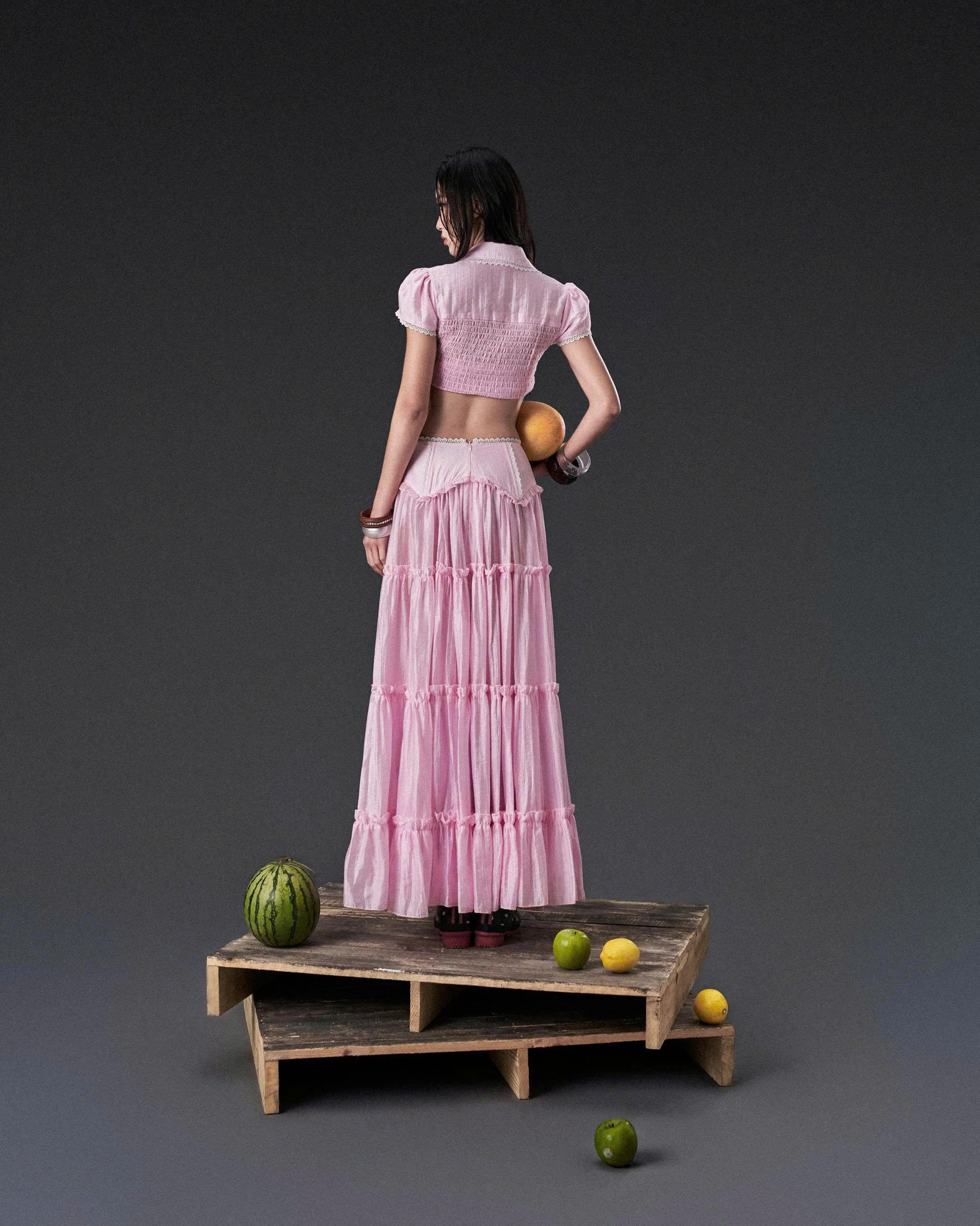 Áo sơ mi lửng voan ánh kim tay ngắn hồng - Pink Kuromi Top