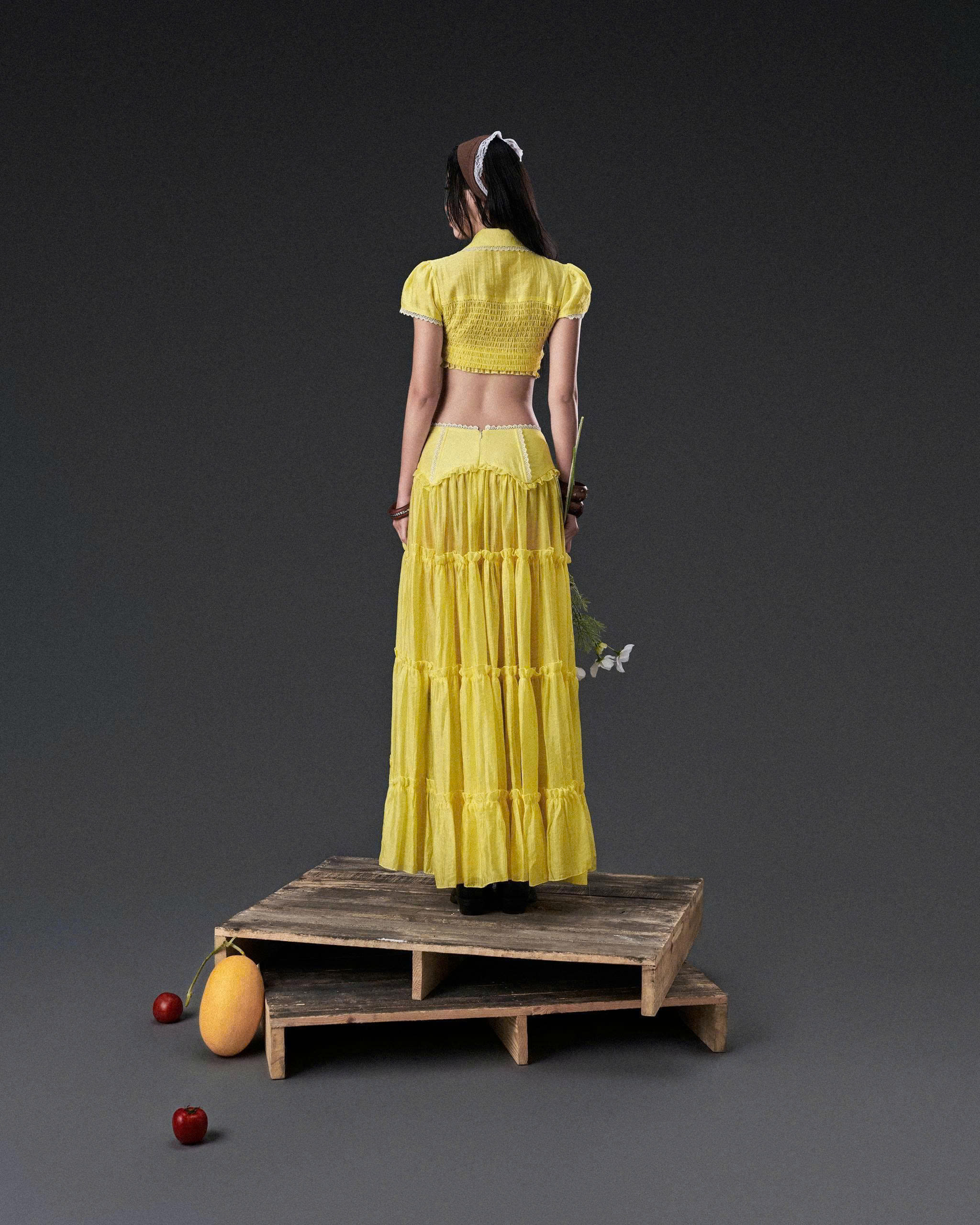 Áo sơ mi lửng voan ánh kim tay ngắn vàng tươi - Yellow Kuromi Top