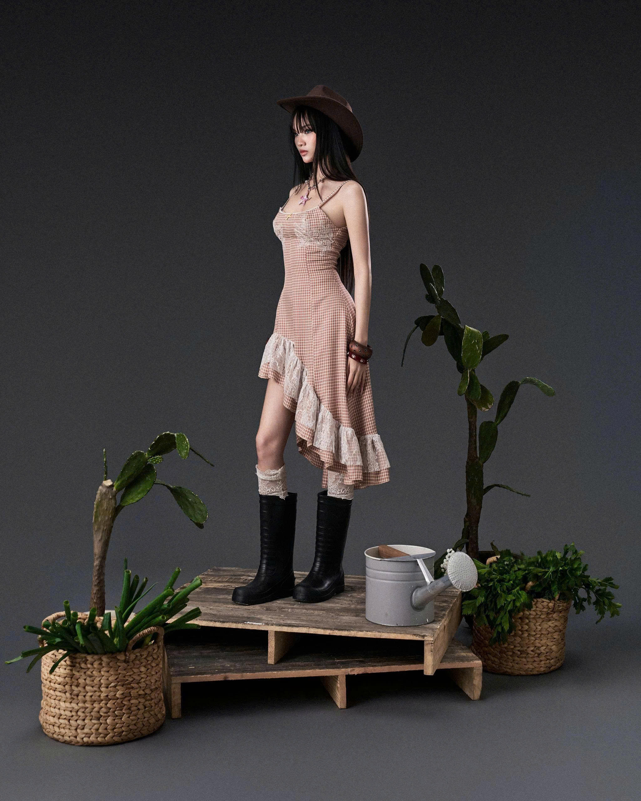 Đầm hai dây caro nâu lửng vạt xéo phối ren trắng - Haze Dress