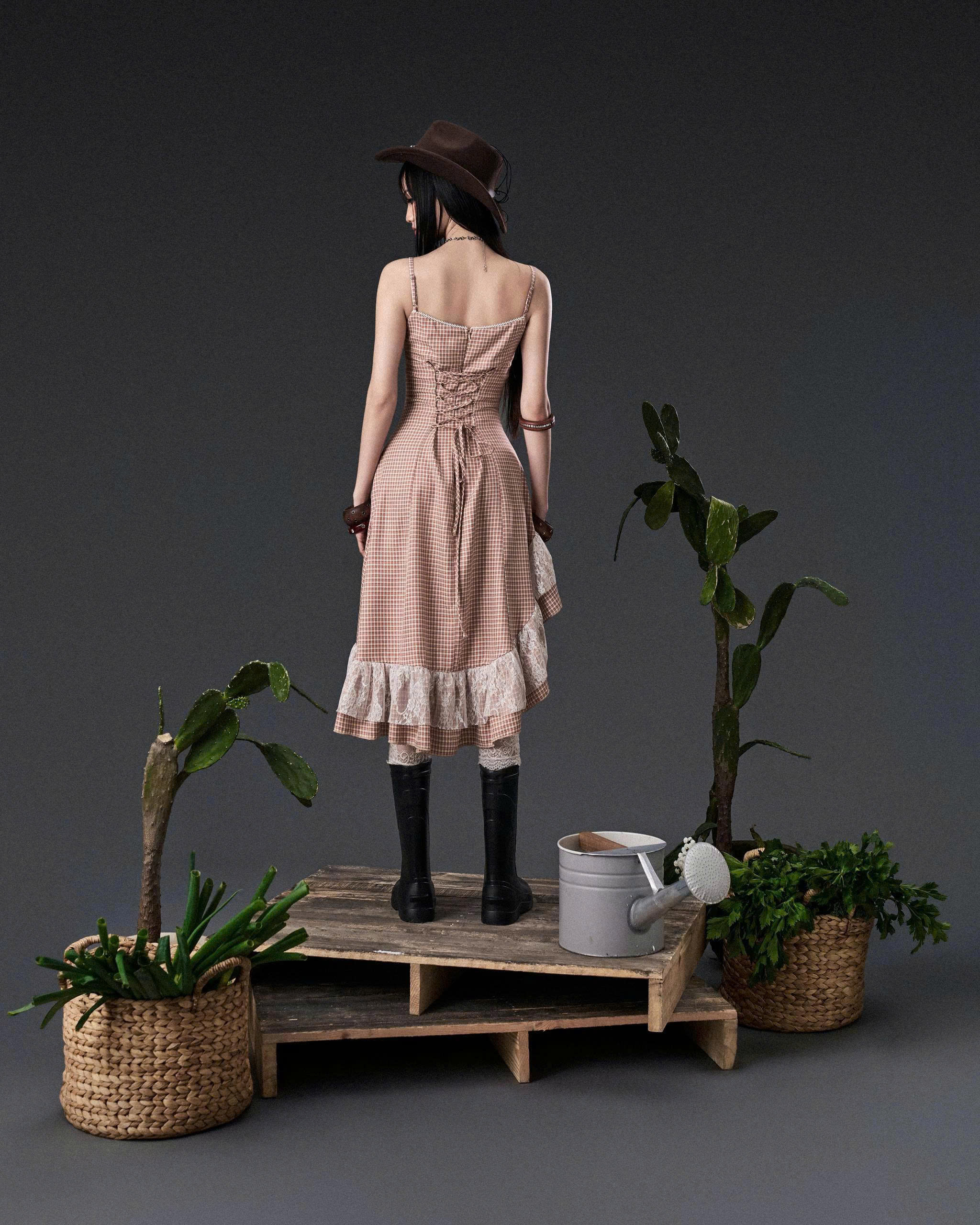Đầm hai dây caro nâu lửng vạt xéo phối ren trắng - Haze Dress