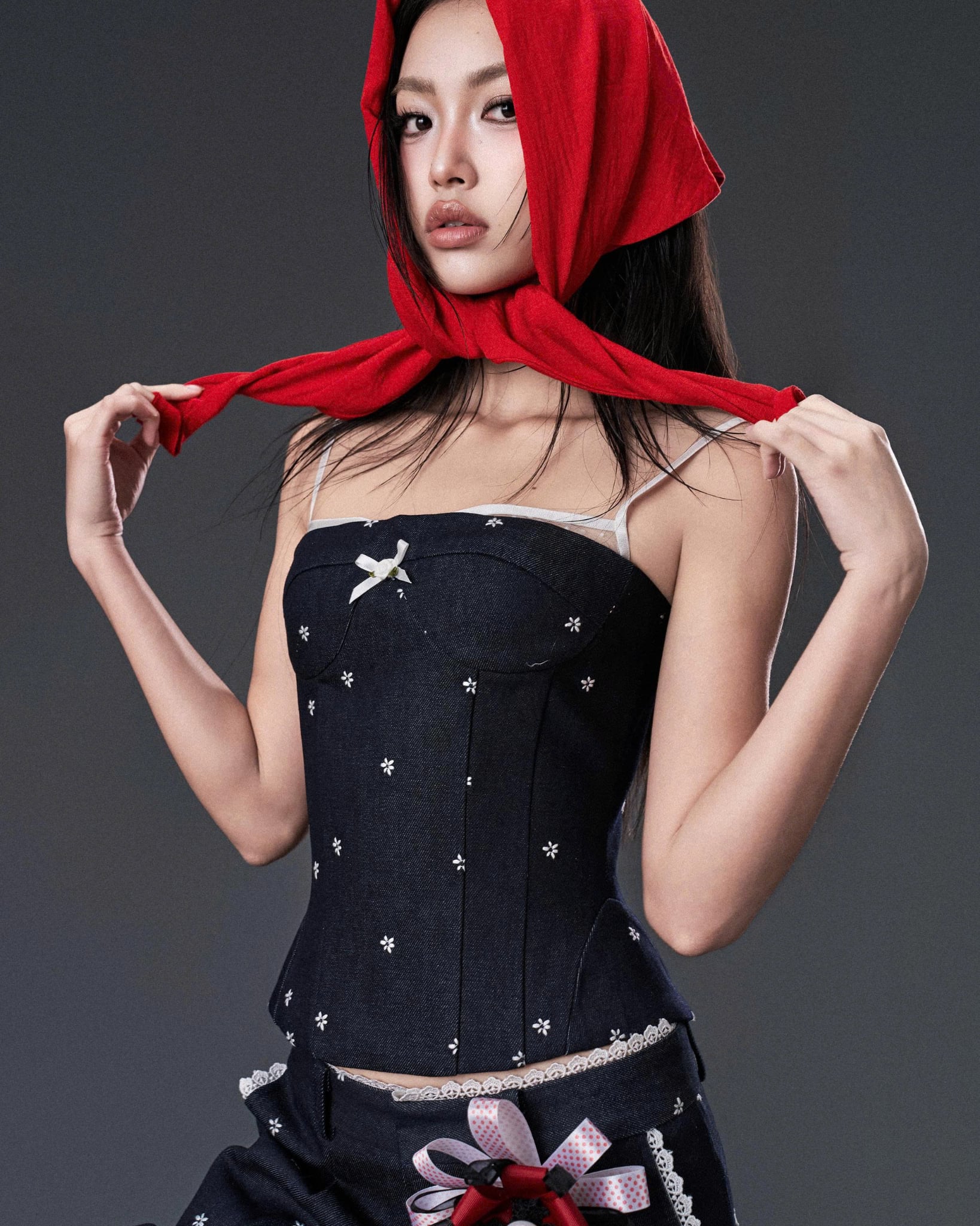 Corset cúp ngực hai dây denim phối nơ - Indigo Corset