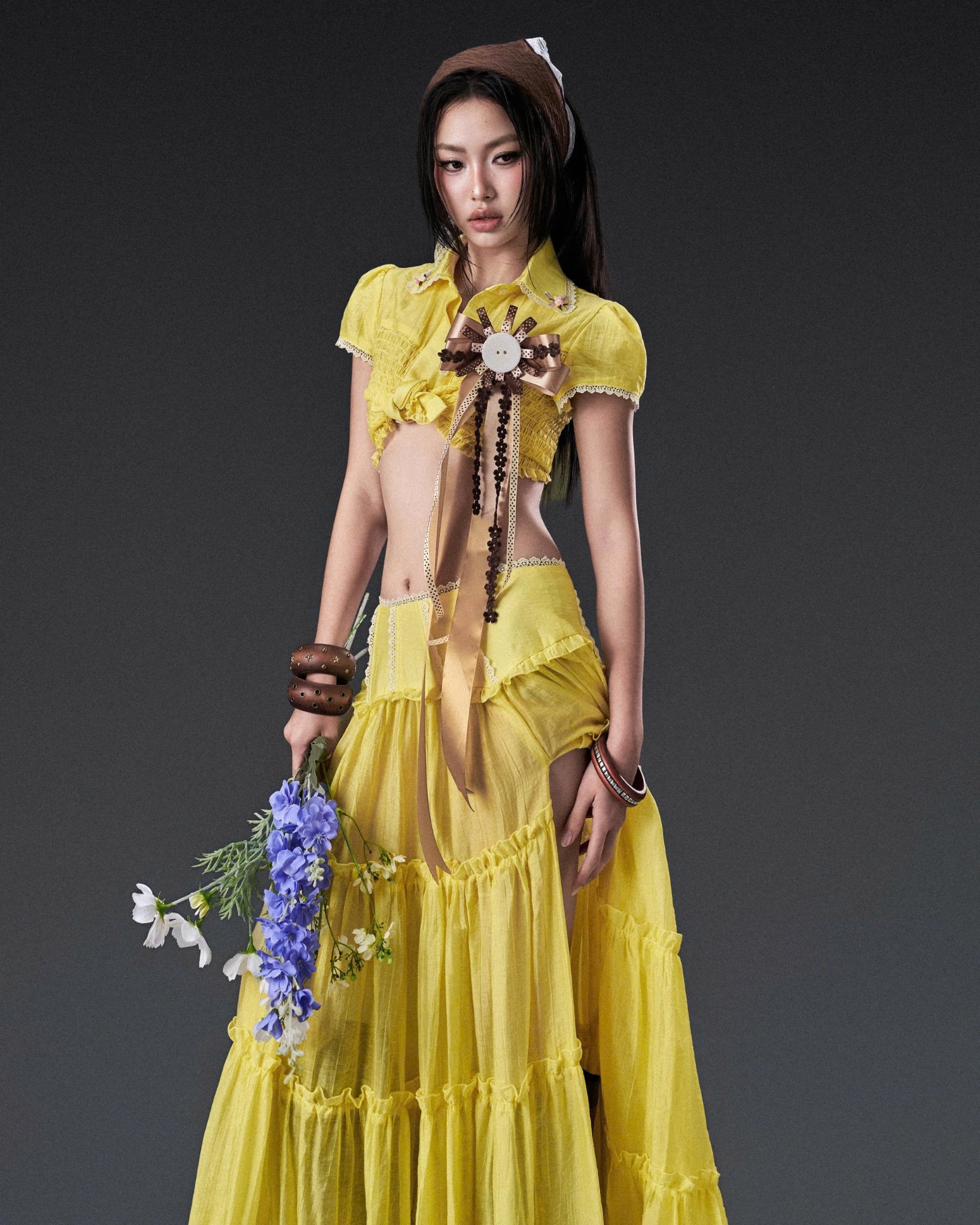Áo sơ mi lửng voan ánh kim tay ngắn vàng tươi - Yellow Kuromi Top