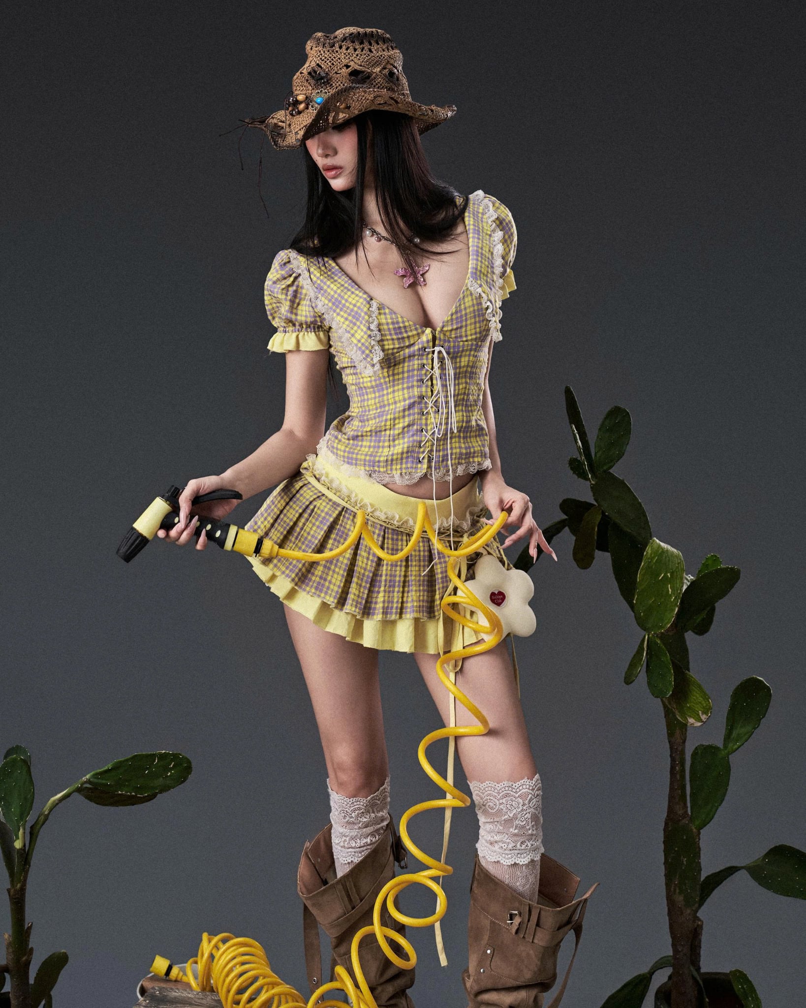 Chân váy ngắn caro vàng layer 2 lớp - Ducky Skirt