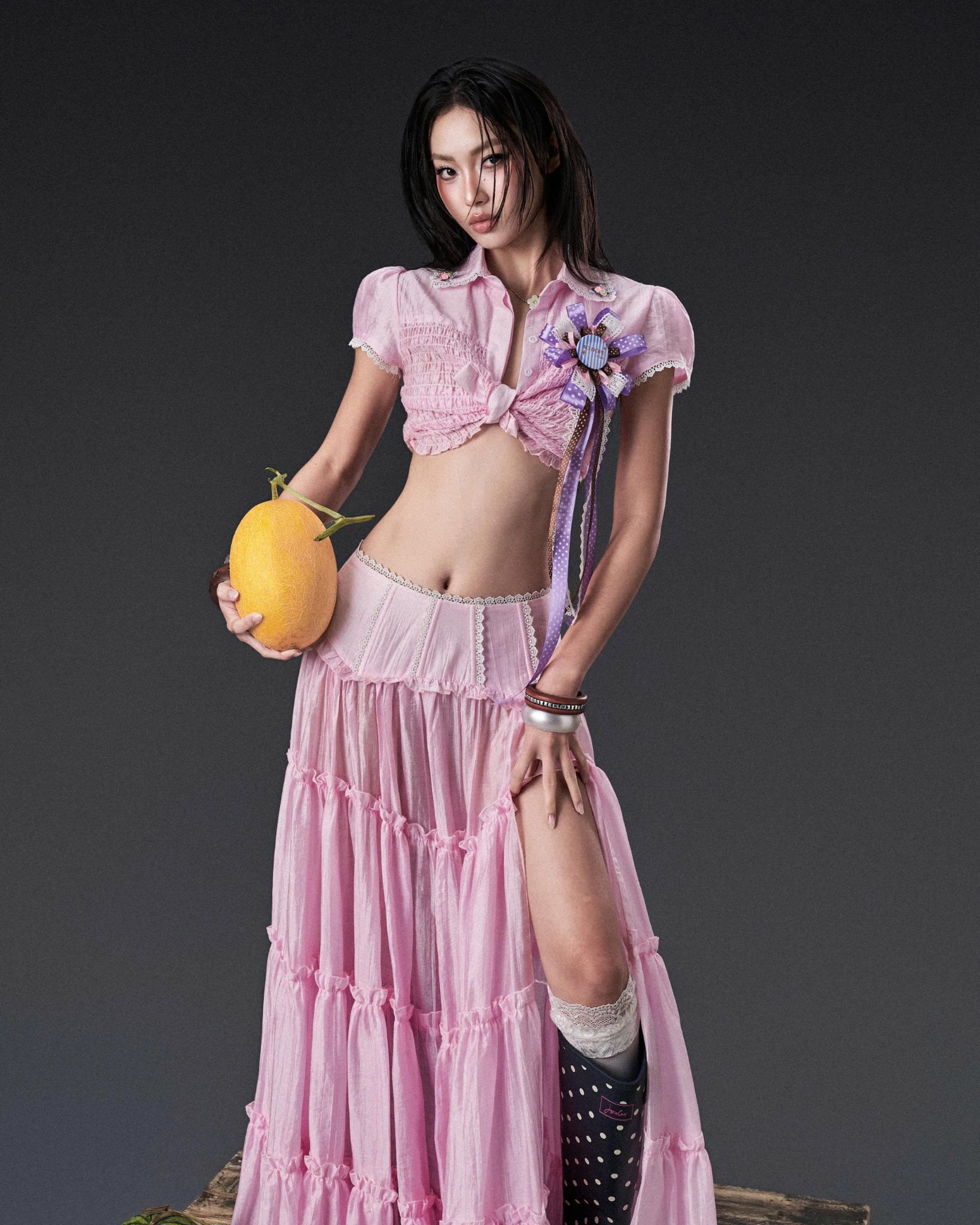 Áo sơ mi lửng voan ánh kim tay ngắn hồng - Pink Kuromi Top