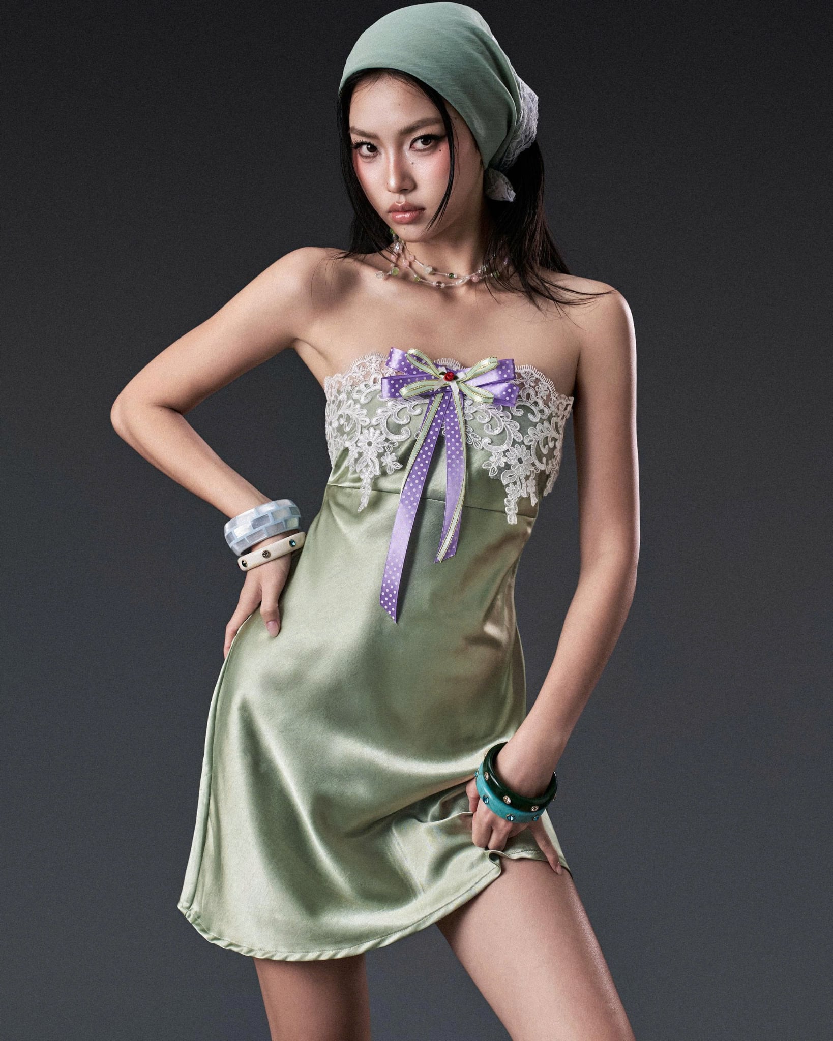 Đầm lụa ngắn không tay xanh bơ phối ren trắng - Cacti Dress