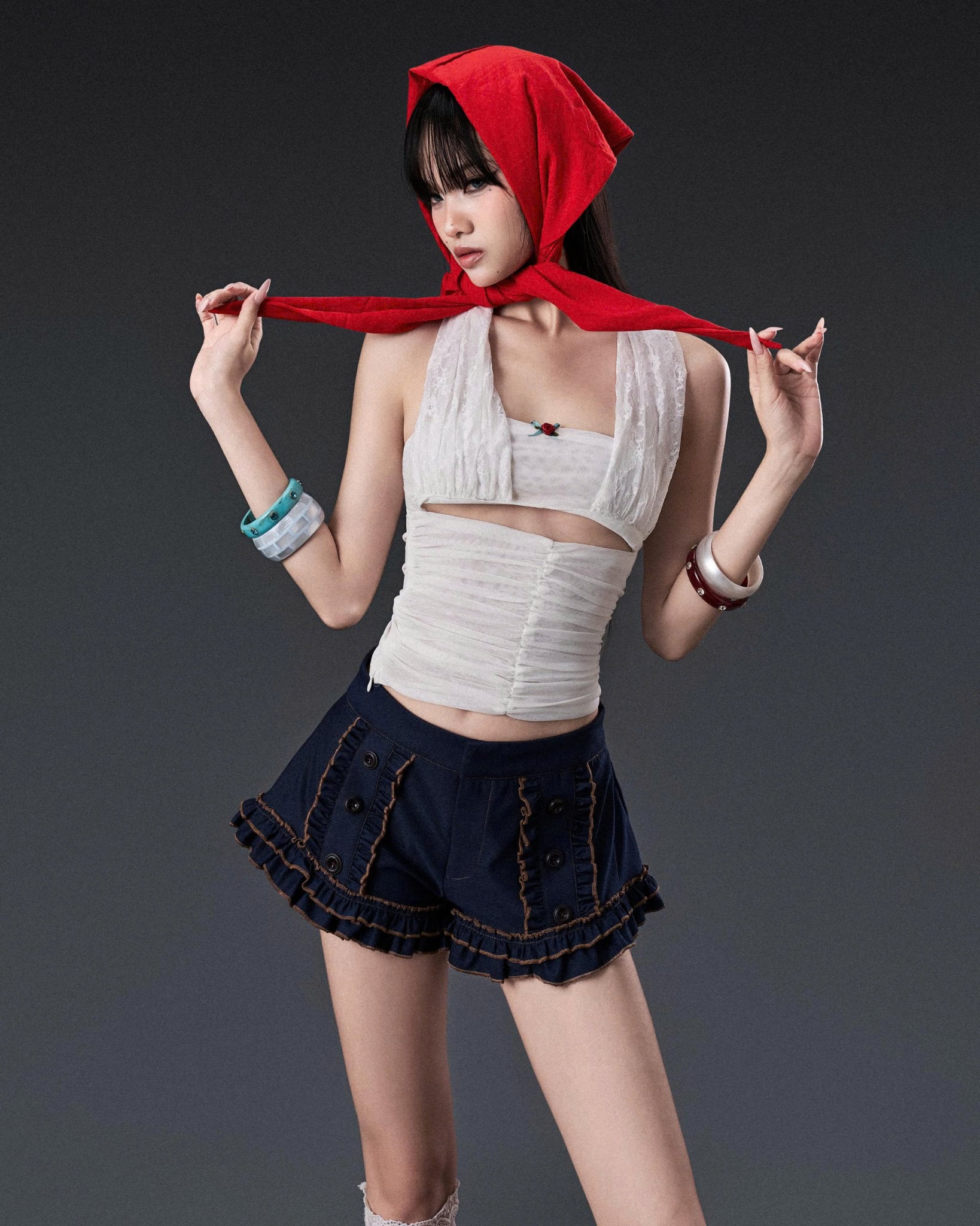 Quần shorts giả denim ống xòe viền bèo cạp thấp - Jira Shorts