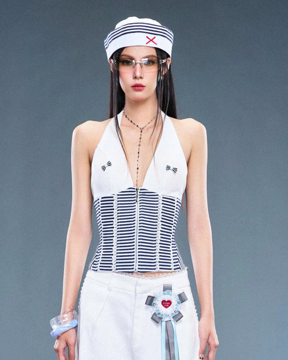Áo corset cổ yếm sọc ngang xanh đen - Sailor Corset