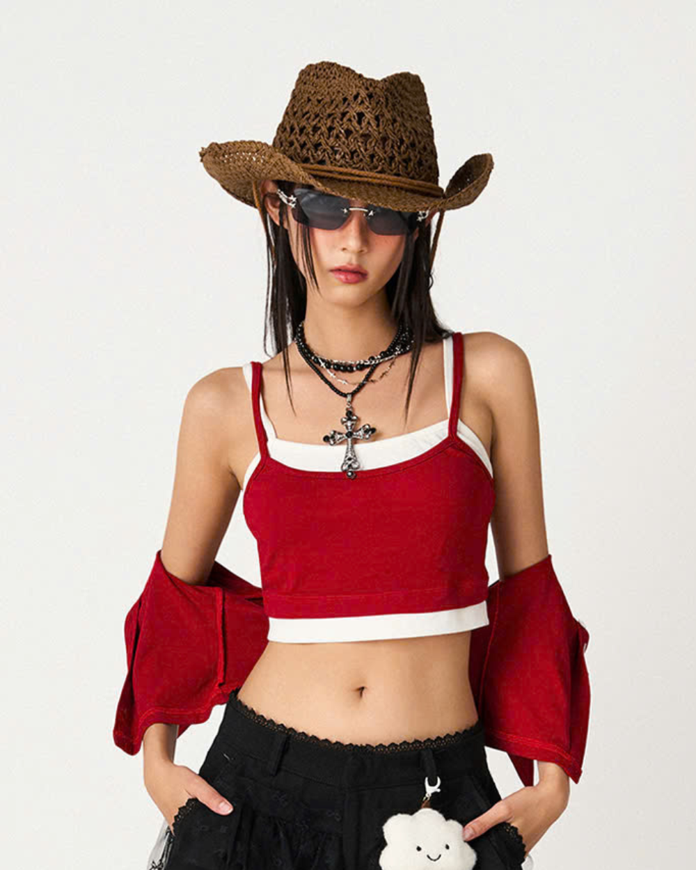 Set áo hai dây ngắn và áo tay ngắn cổ sơ mi đỏ - Zyra Top