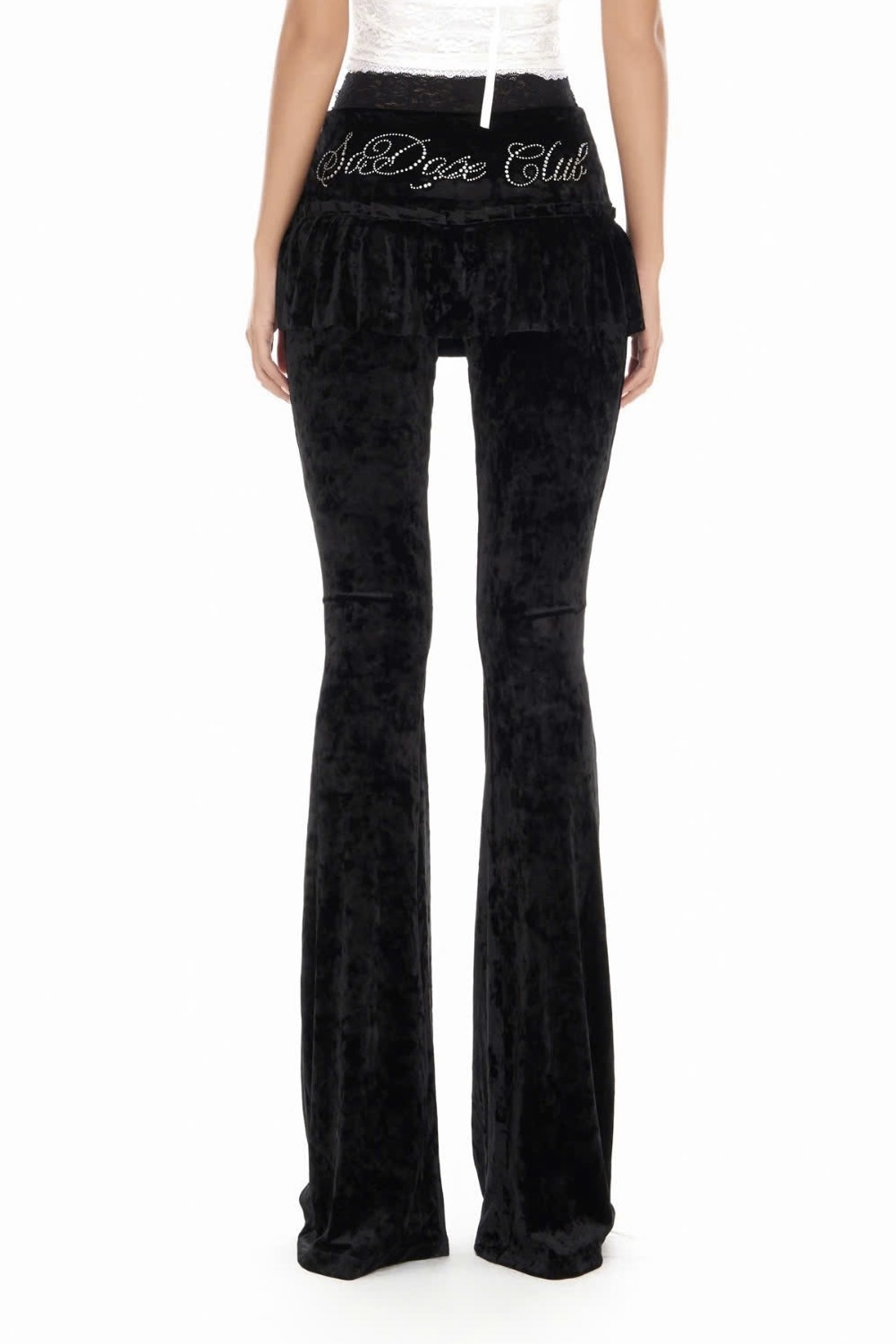 Quần dài nhung ống loe giả váy phối đá và ren - Velvet Heat Pants