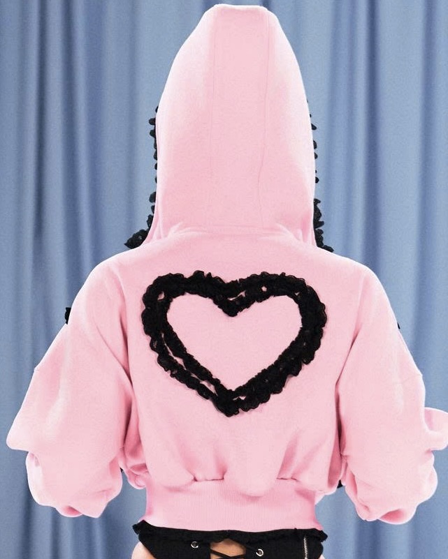 Áo khoác nỉ hồng form boxy phối ren đen - Bonnie Coat
