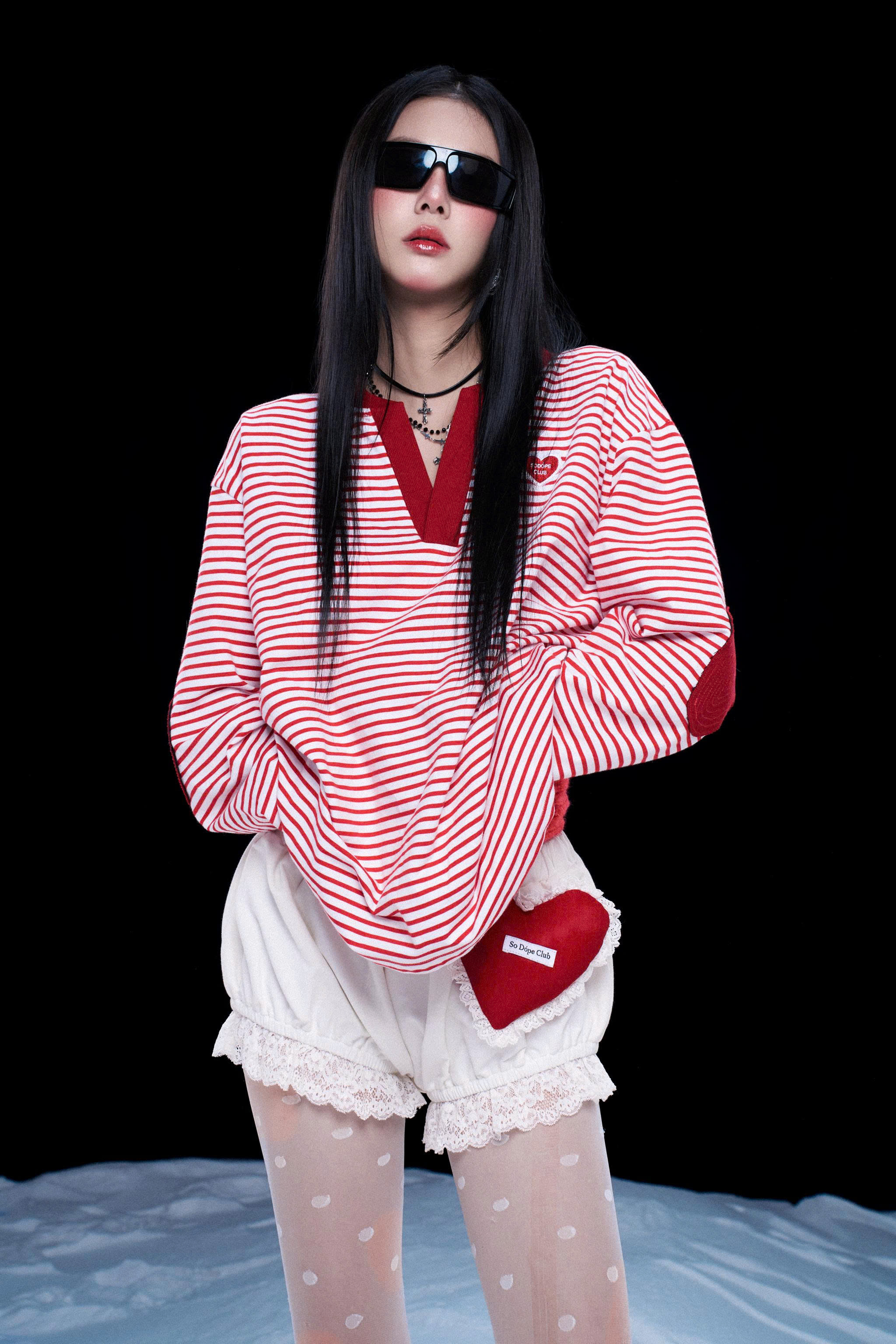 Áo thun sọc đỏ trắng tay dài cổ polo - Fuzzy Top