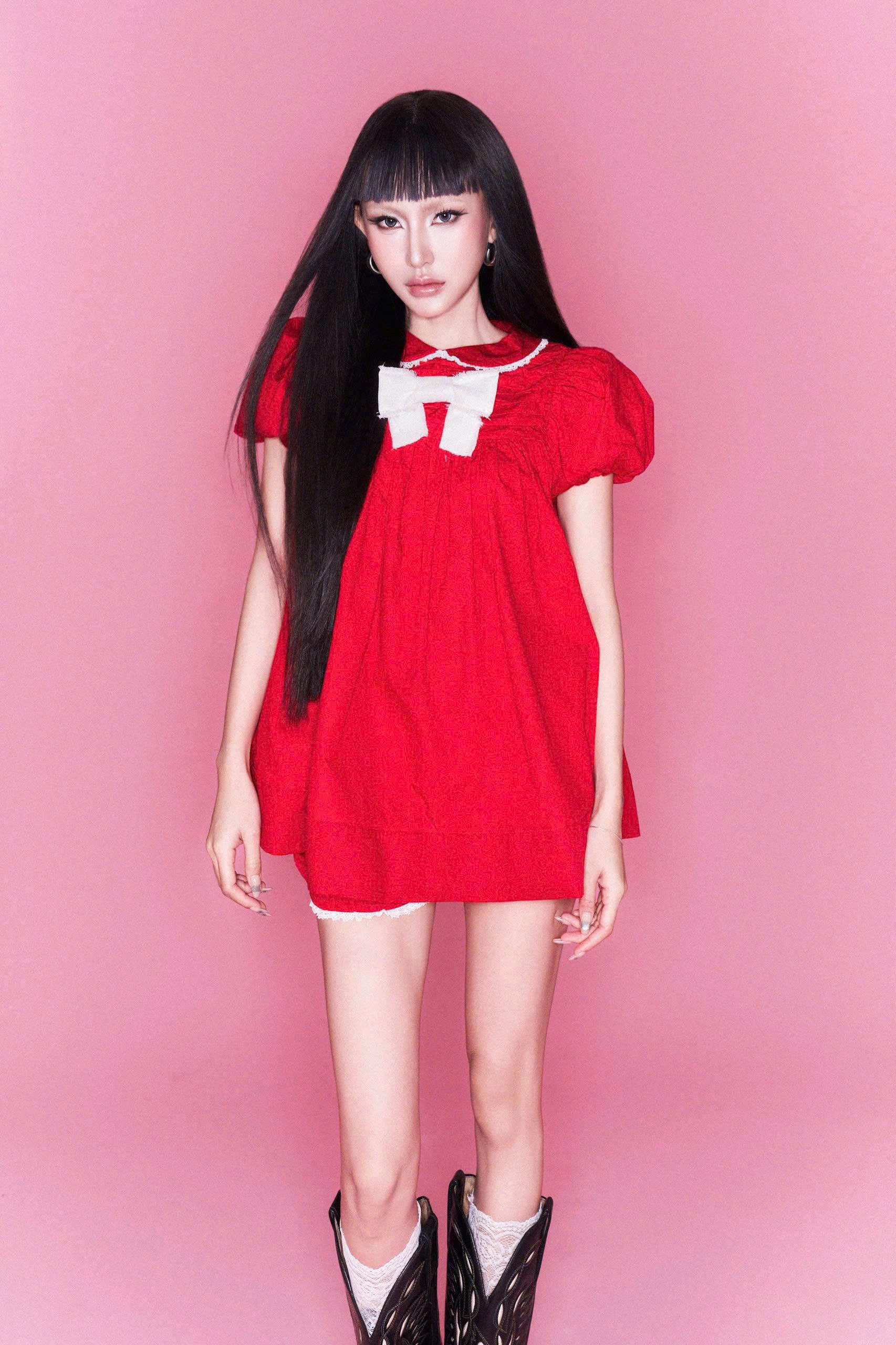 Đầm ngắn phồng đỏ phối nơ và ren trắng - Fawn Dress