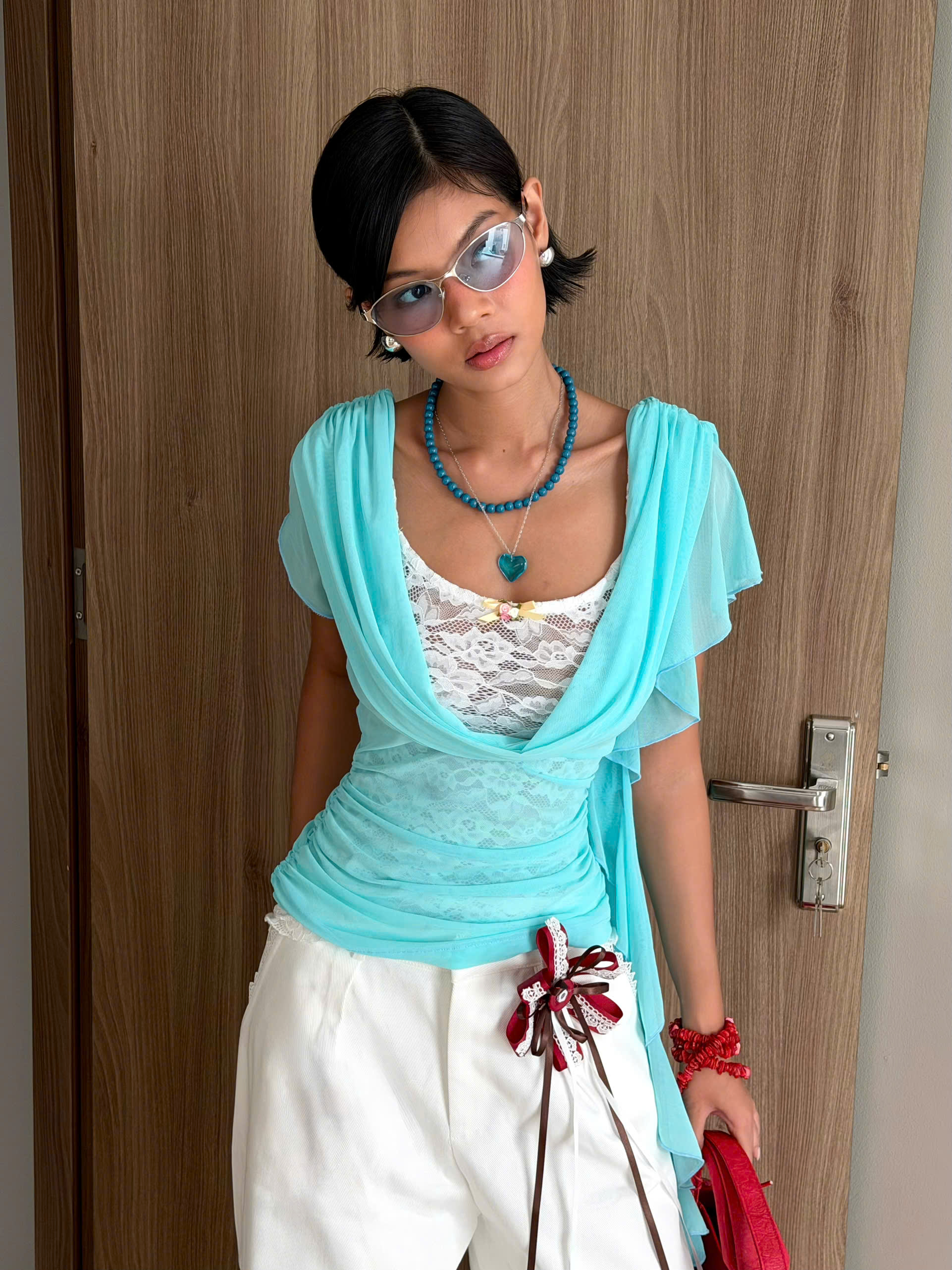 Áo kiểu cổ V xanh tiffany layer ren ngực tay bèo - Miko Top