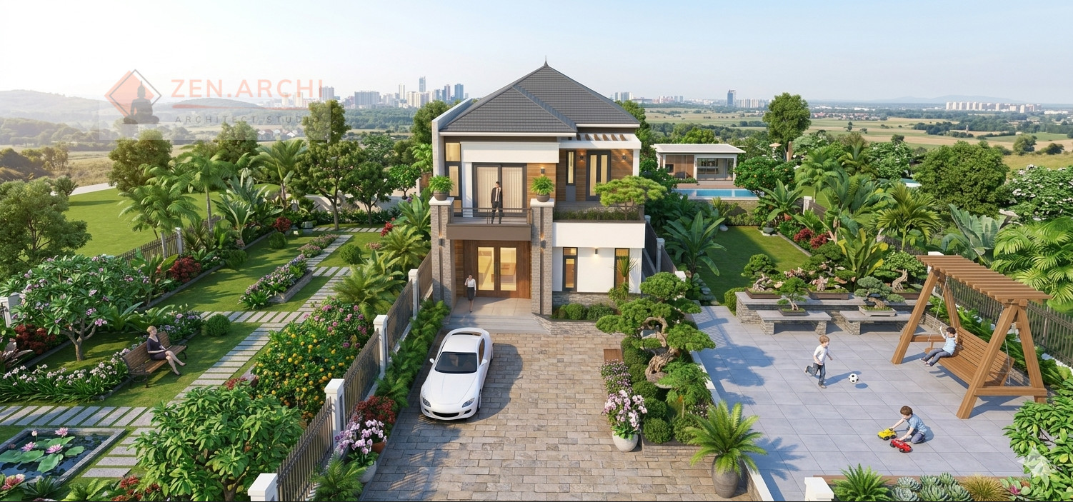 M042026 - Thiết kế nhà vườn mái Nhật kiểu hiện đại gia đình anh Bách tại Chí Minh, Hải Phòng
