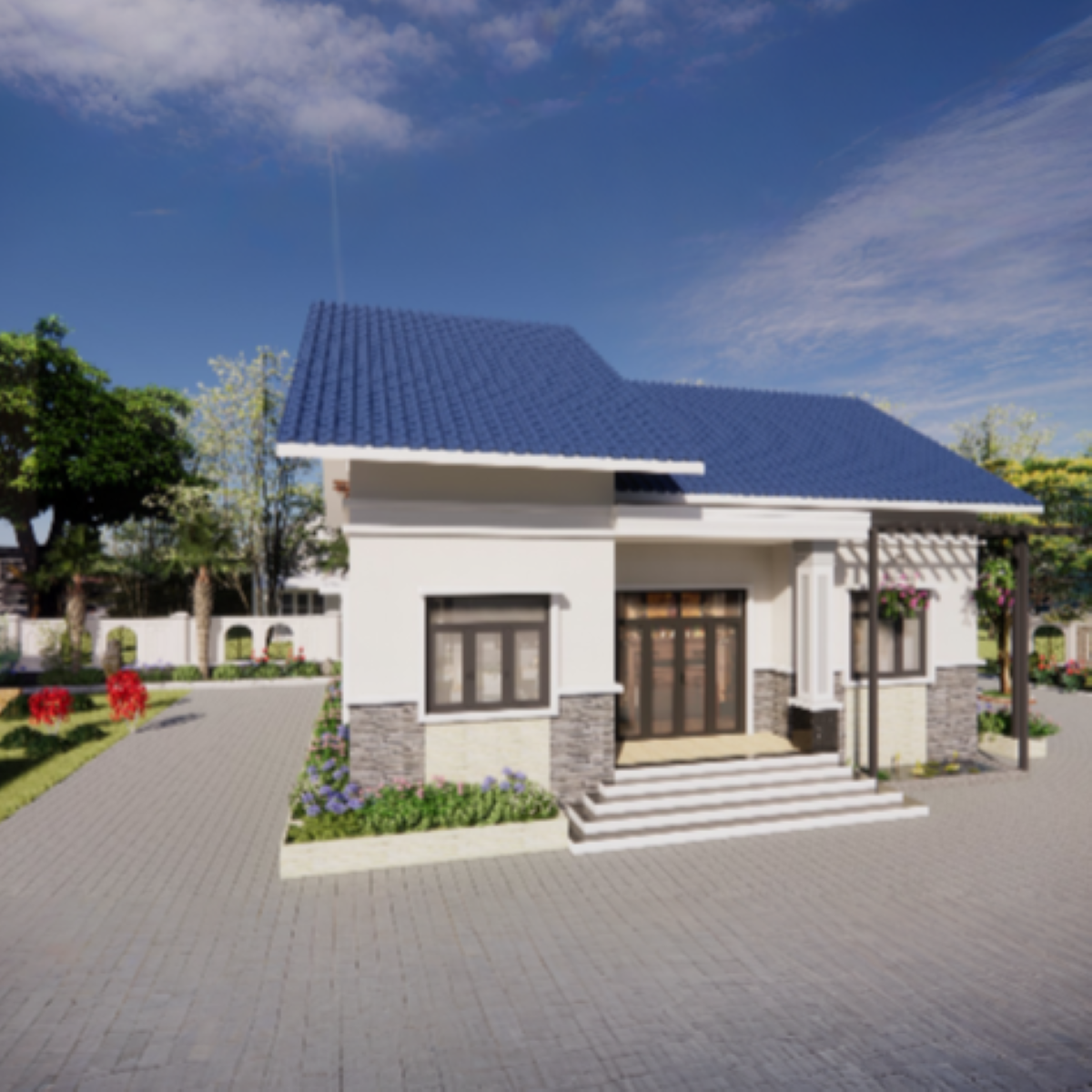V693 | Bản vẽ thiết kế mẫu nhà mái Thái hiện đại 1 tầng 3 phòng ngủ, kích thước 11.7x9m, bản in A3 đẹp, có phối cảnh 3D