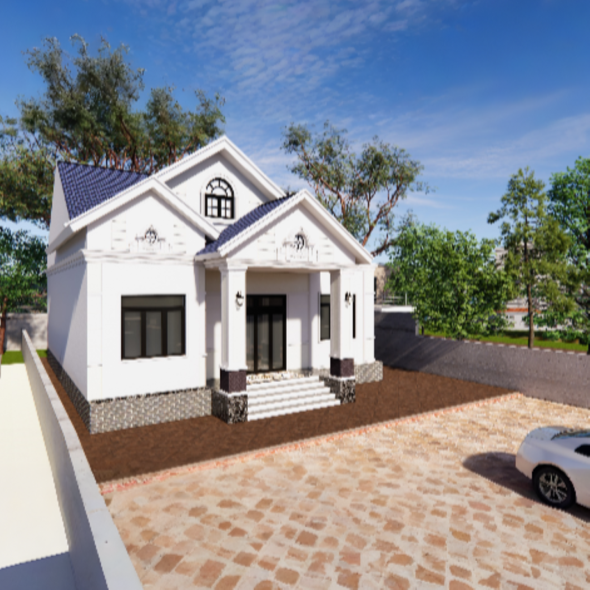 V557 | Bản vẽ thiết kế mẫu nhà vườn mái Thái hiện đại 1 tầng 4 phòng ngủ, kích thước 11x13m, bản in A3 đẹp, có phối cảnh 3D