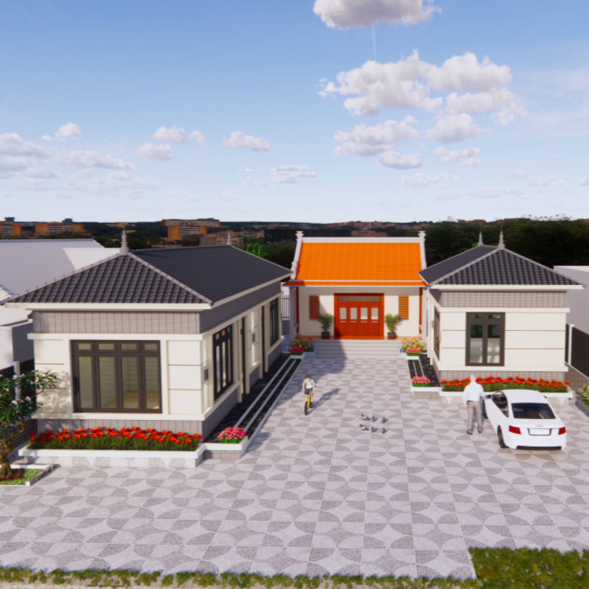 V359 | Bản vẽ thiết kế Full hồ sơ mẫu nhà cấp 4 mái Nhật độc đáo 2 phòng ngủ, kích thước 18x22m, bản in A3 đẹp, phối cảnh 3D