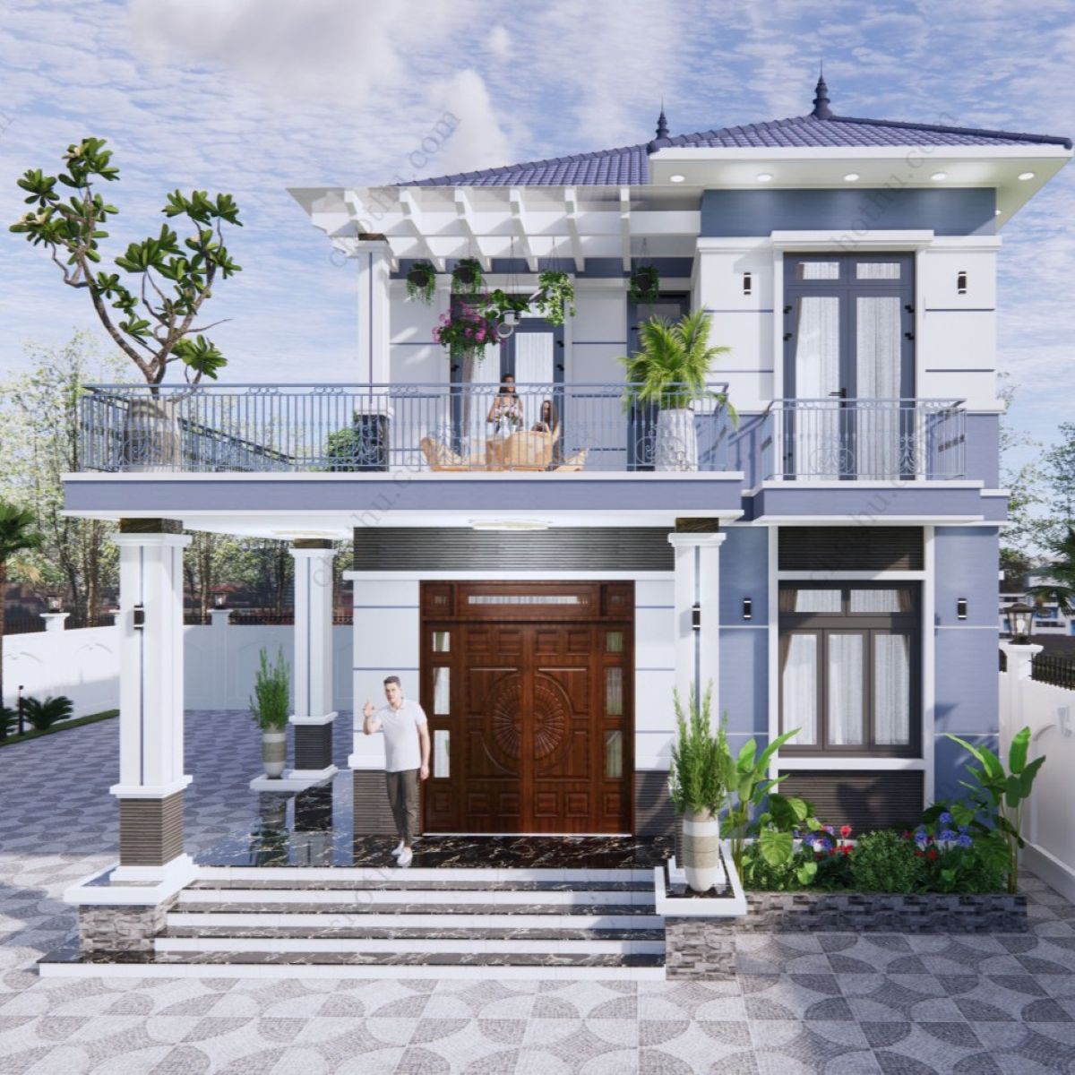 V721 | Bản vẽ thiết kế full hồ sơ mẫu nhà mái Nhật hiện đại 2 tầng 6 phòng ngủ, kích thước 10x14m, bản in A3 đẹp, phối cảnh 3D