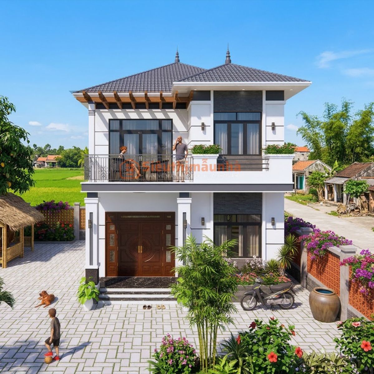 V923 | Bản vẽ kiến trúc mẫu thiết kế nhà mái Nhật 2 tầng 6 phòng ngủ kích thước 7,8x15,8m