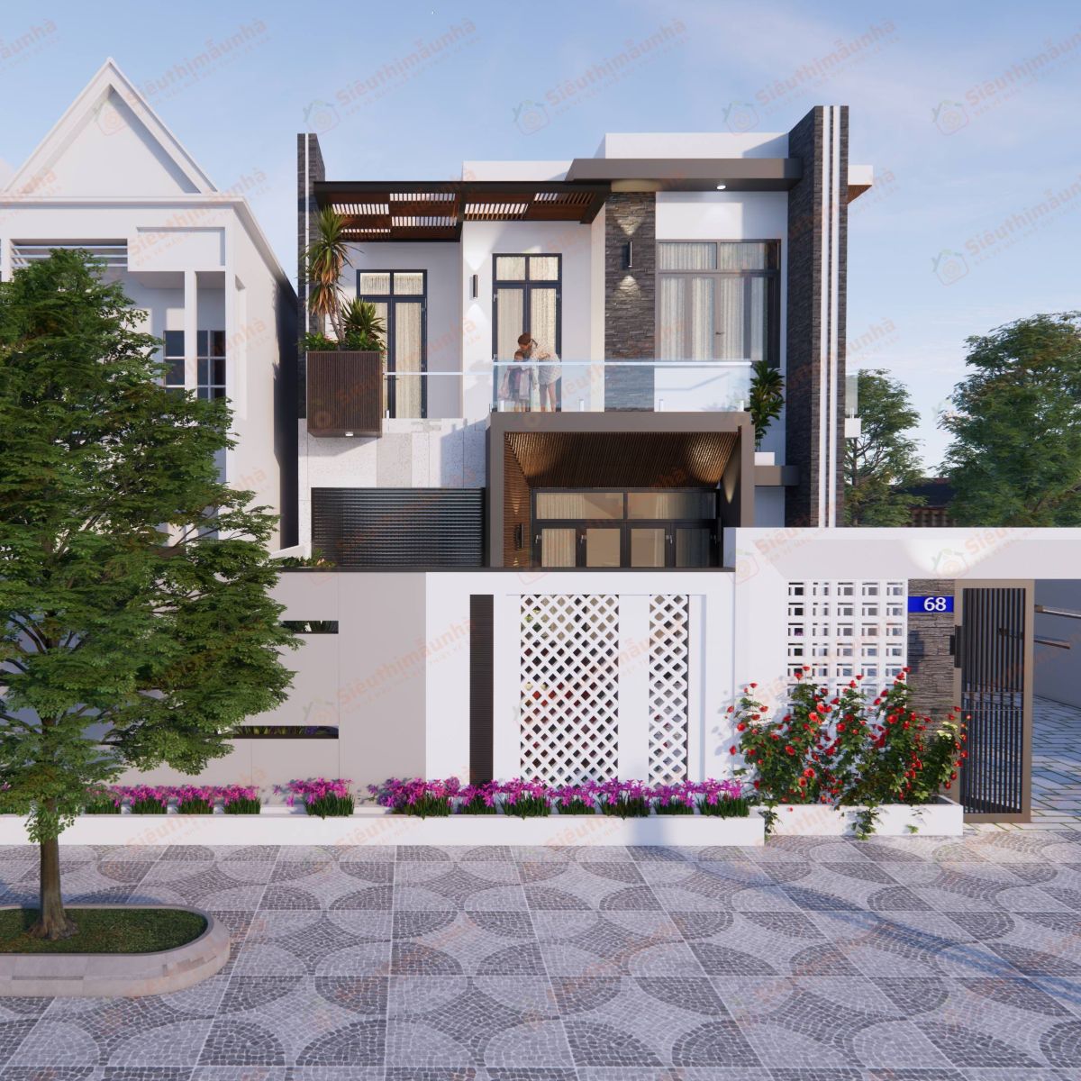 V699 | Bản vẽ thiết kế biệt thự phố hiện đại 2 tầng 4 phòng ngủ, kích thước 8x18m, bản in A3 đẹp, phối cảnh 3D