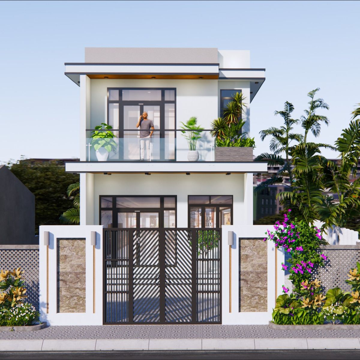 V695 | Bản vẽ thiết kế Full hồ sơ mẫu nhà phố hiện đại 2 tầng 2 phòng ngủ, kích thước 6x15m, bản in A3 đẹp, phối cảnh 3D