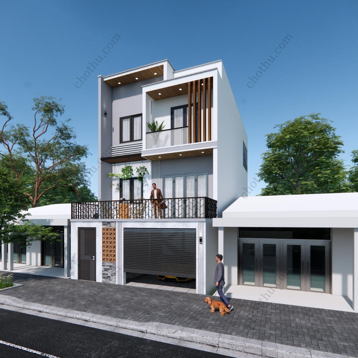V932 | Bản vẽ thiết kế Full hồ sơ mẫu nhà phố hiện đại 3 tầng 3 phòng ngủ, kích thước 7x15m, in A3 đẹp, phối cảnh 3D