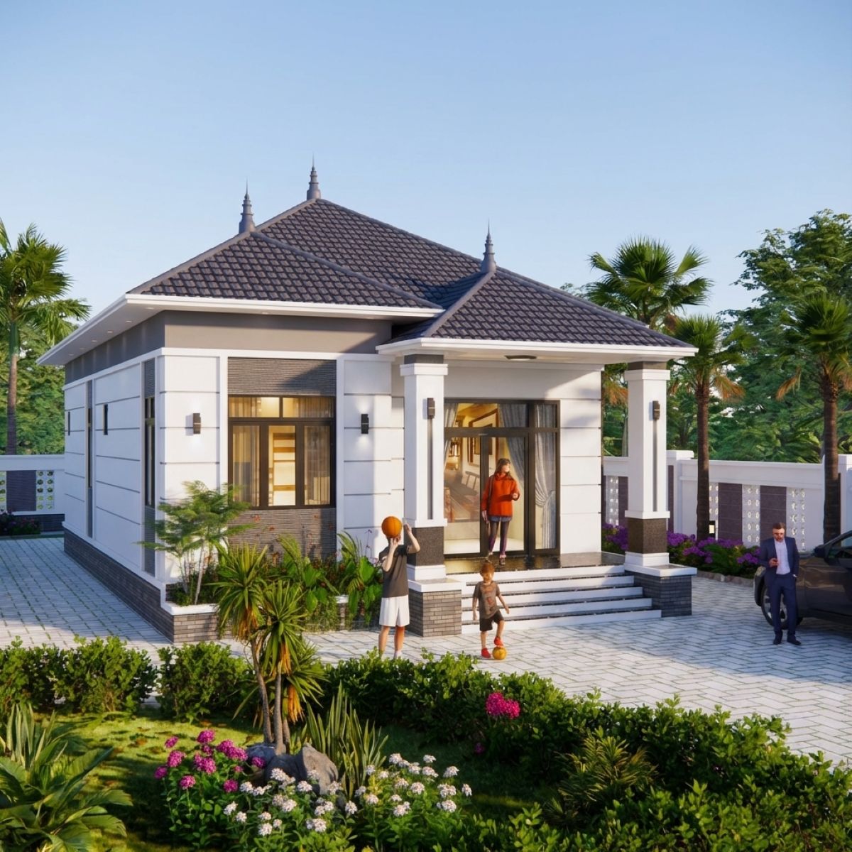 V779 | Bản vẽ thiết kế Kiến trúc, Kết cấu mẫu nhà mái Nhật 1 tầng, 2 phòng ngủ, kích thước 8x15m, bản in A3 đẹp, phối cảnh 3D