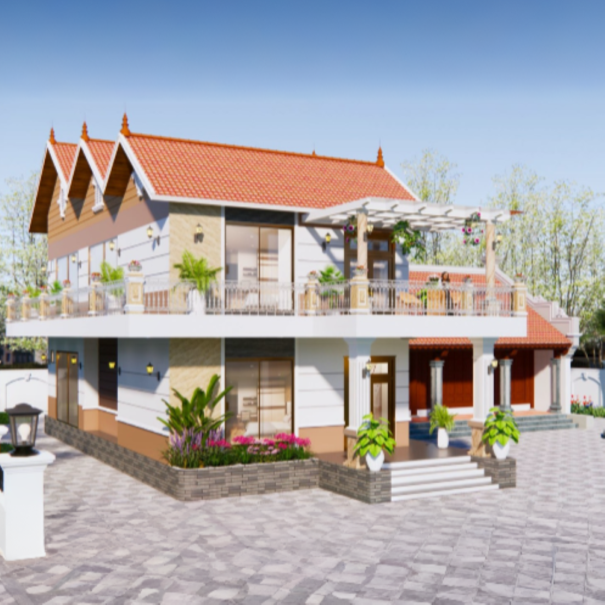 V770 | Bản vẽ thiết kế Kiến trúc, Kết cấu nhà mái Thái 2 tầng 4 phòng ngủ khép kín, kích thước 8,5x18m, in A3 đẹp, phối cảnh 3D
