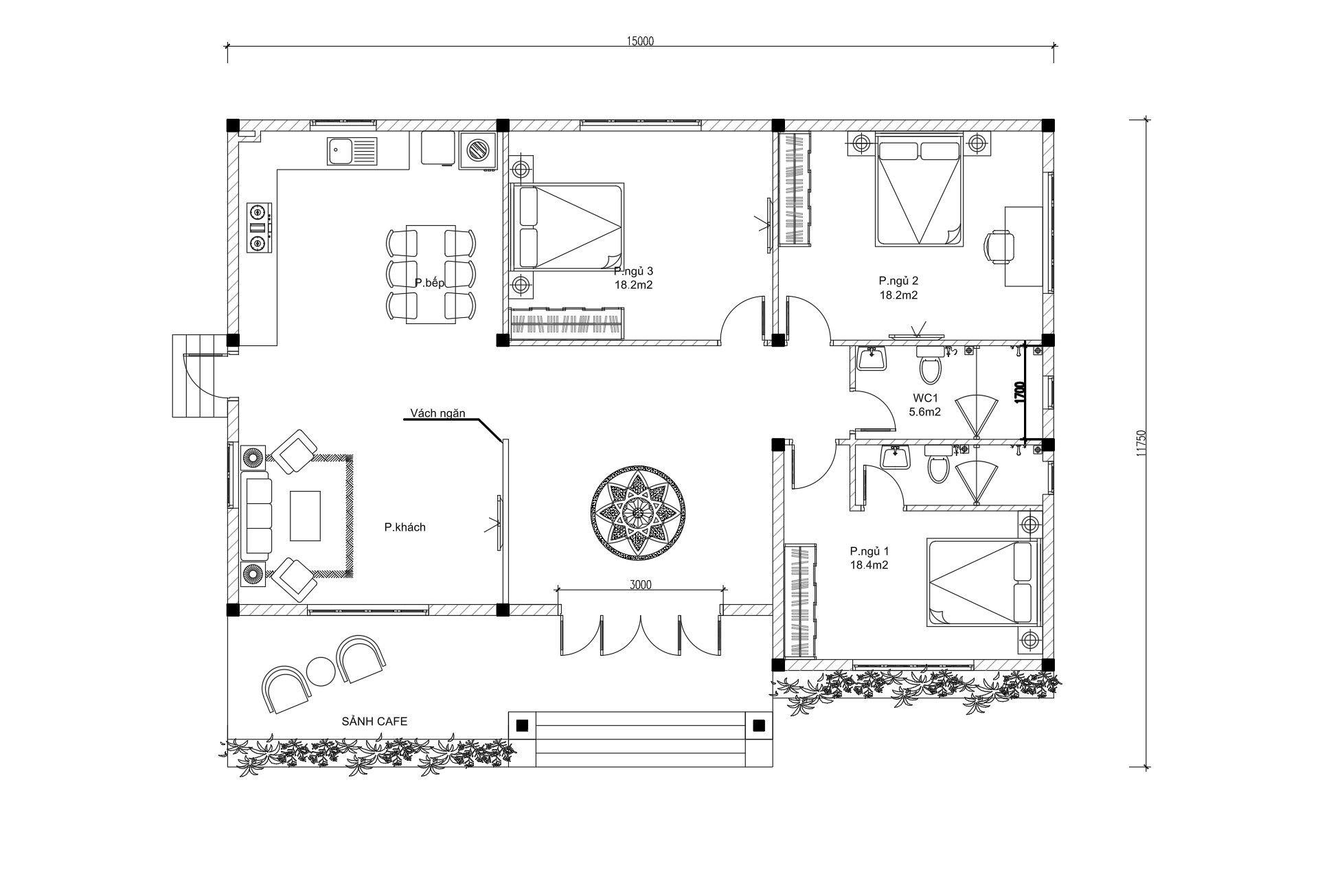 V737 | Bản vẽ thiết kế full hồ sơ mẫu nhà mái Thái 1 tầng 3 phòng ngủ, kích thước 15x12m, bản in A3 đẹp, phối cảnh 3D