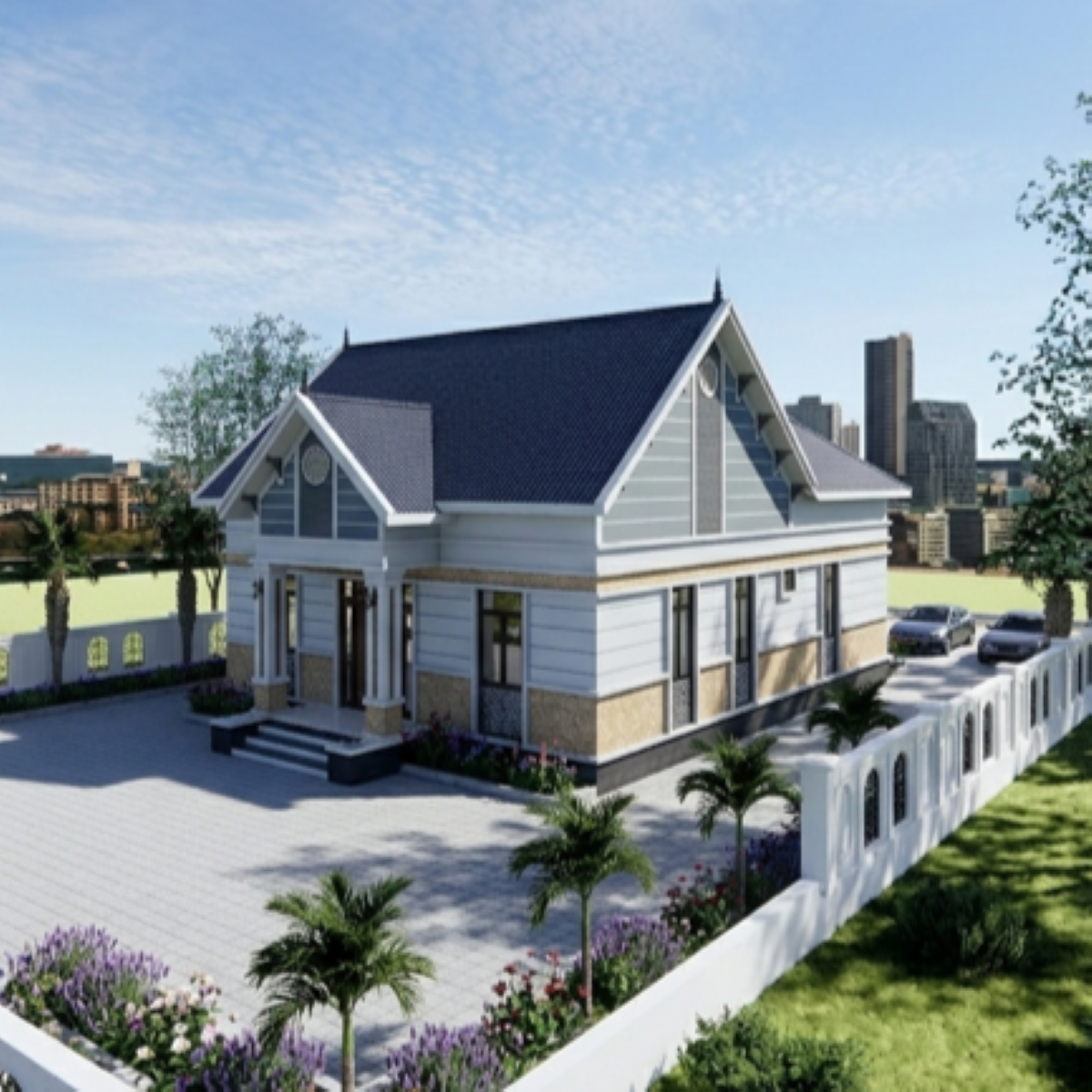 V728 | Bản vẽ thiết kế mẫu nhà mái Thái sang trọng, 1 tầng 4 phòng ngủ, kích thước 9.8x18.6m, bản in A3 đẹp, có phối cảnh 3D