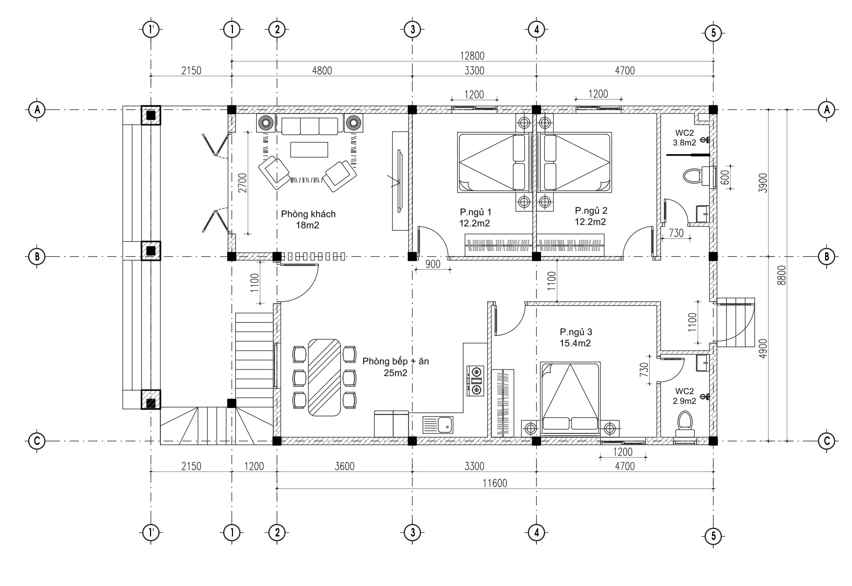 V788 | Bản vẽ thiết kế Mặt Bằng mẫu nhà mái Nhật 2 tầng, 3 phòng ngủ, kích thước 8x15m, không gian mở tầng 2, in A3 đẹp