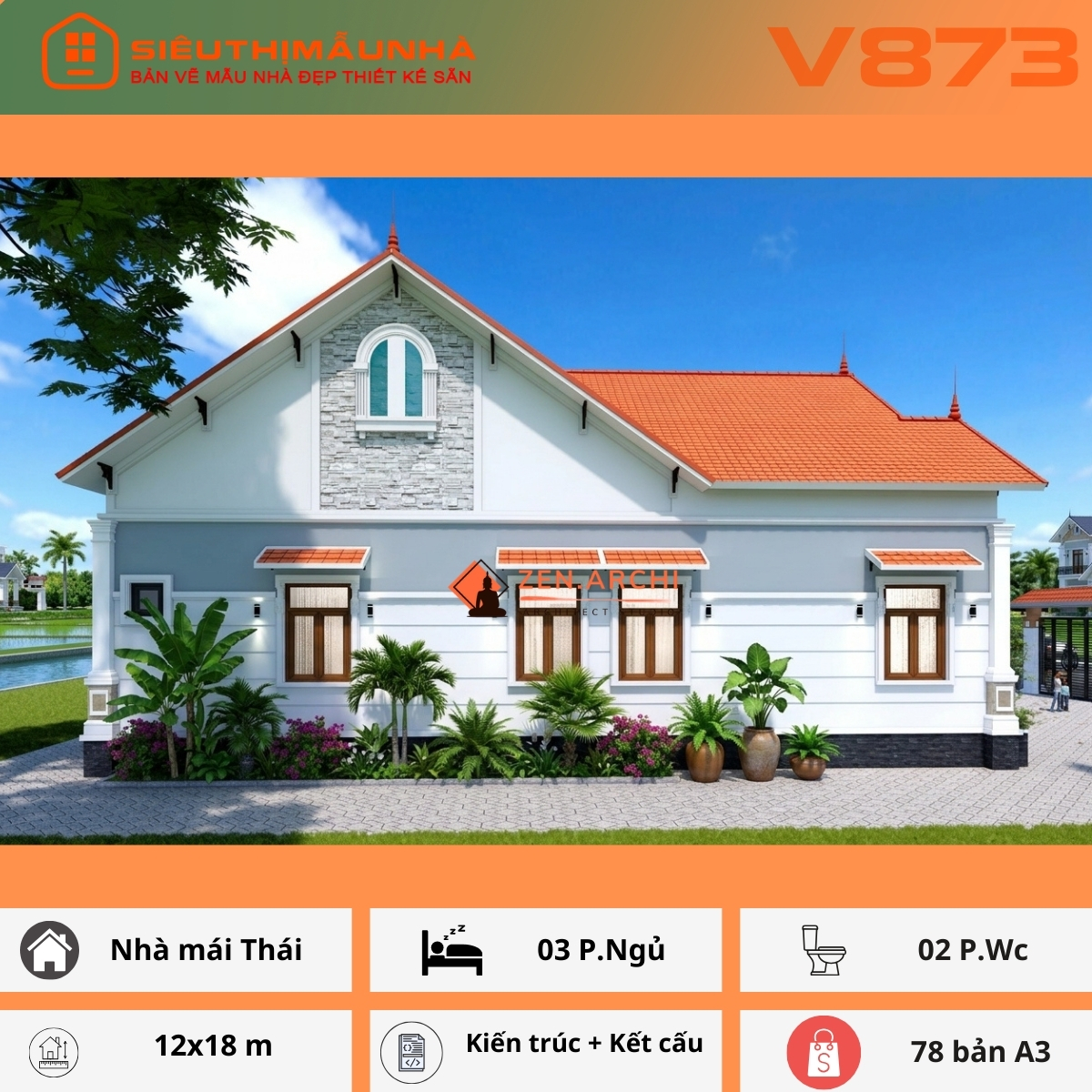 V873 | Bản vẽ thiết kế Kiến trúc, kết cấu mẫu nhà mái Thái 1 tầng, 3 phòng ngủ, kích thước 12x18, bản in A3 đẹp, có ảnh 3D