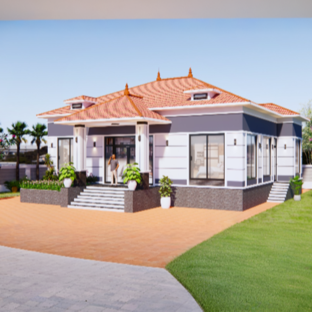 V766 | Bản vẽ thiết kế mẫu nhà cấp 4 mái Nhật hiện đại, rộng rãi, 5 phòng ngủ, kích thước 14x10.5m, bản in A3 đẹp, phối cảnh 3D