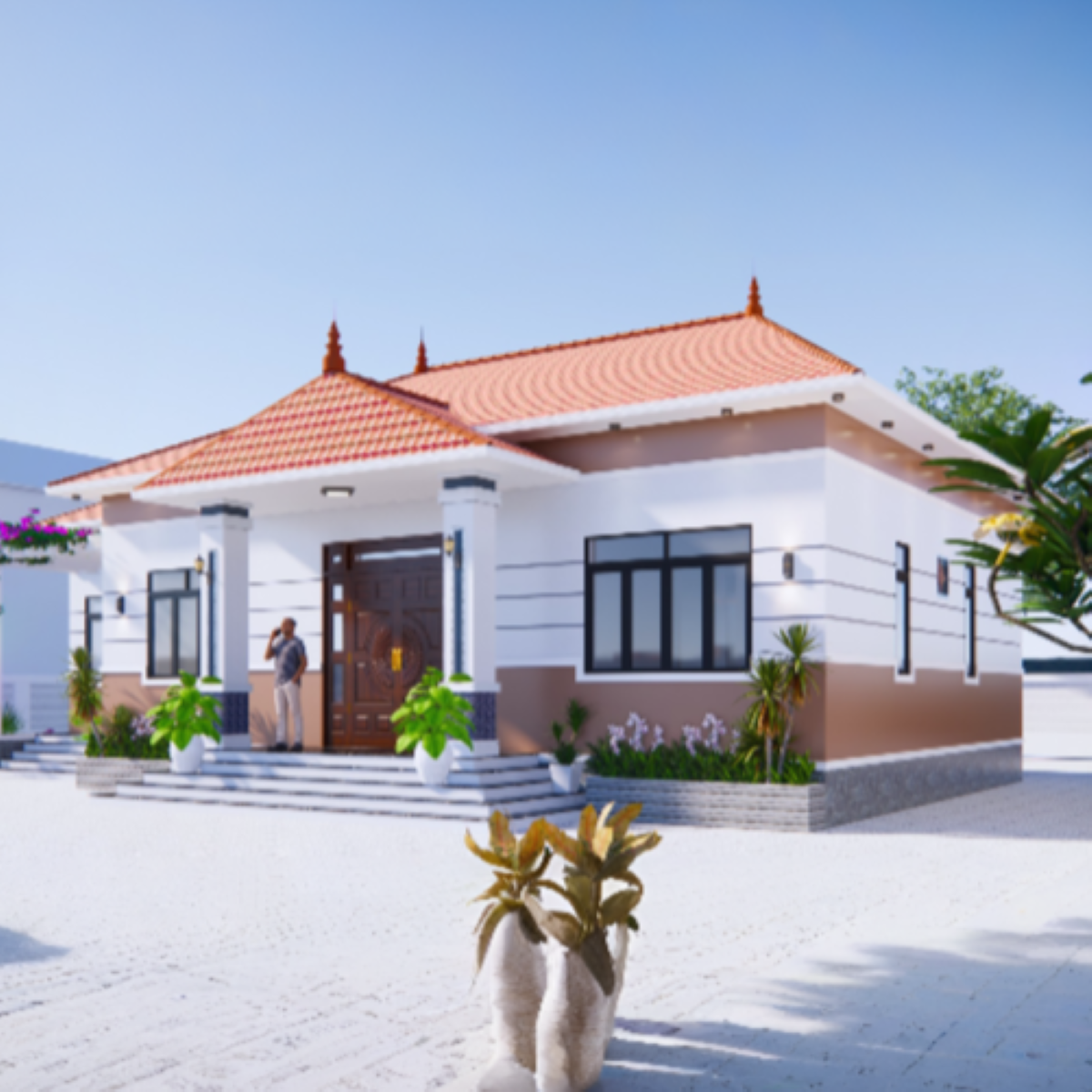 V459 | Bản vẽ thiết kế mẫu nhà cấp 4 mái Nhật hiện đại kết hợp nét truyền thống 4 phòng ngủ, bản in A3 đẹp, có phối cảnh 3D