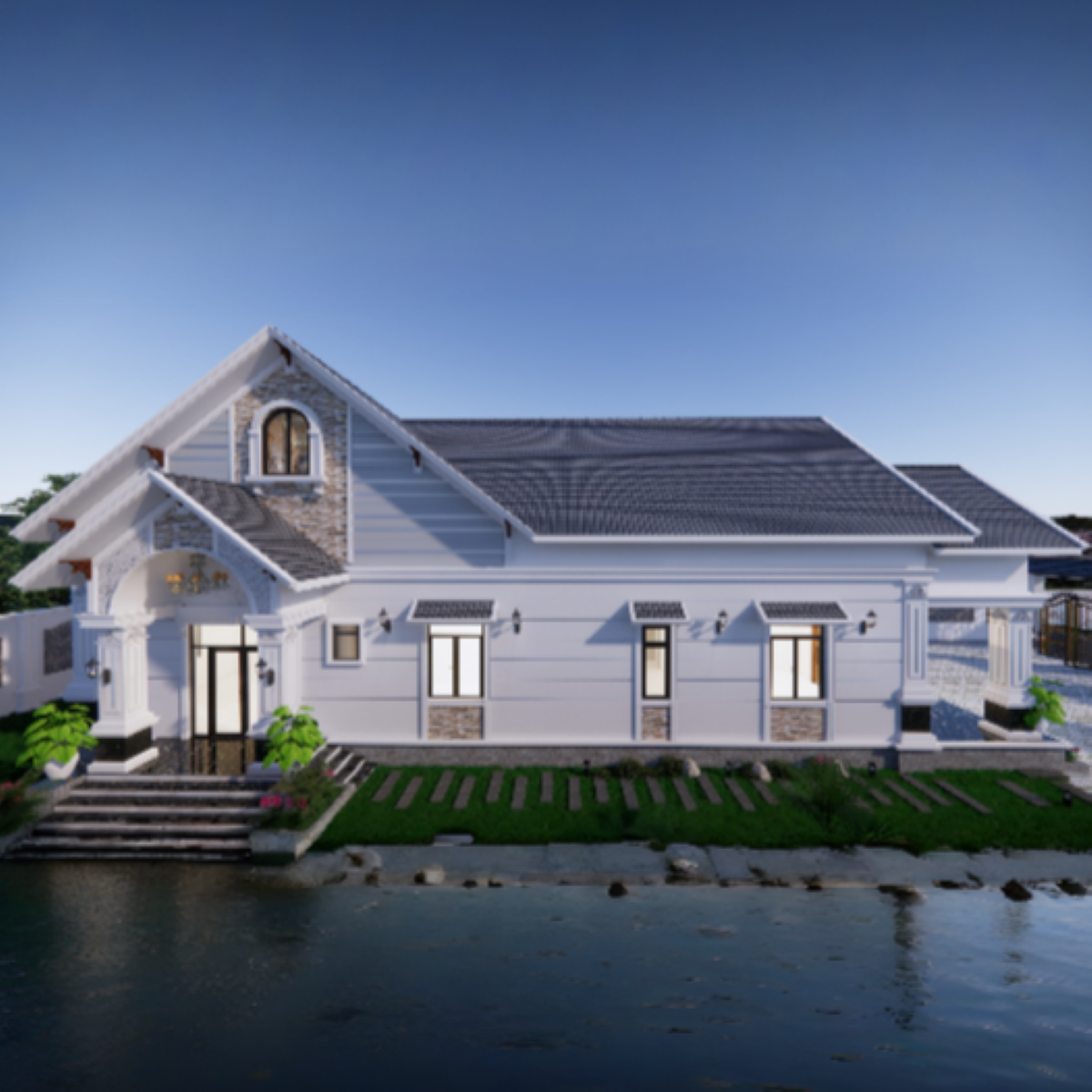 V406 | Bản vẽ thiết kế mẫu nhà mái Thái Tân cổ điển 1 tầng 4 phòng ngủ, kích thước 11x22m, bản in A3 đẹp, có phối cảnh 3D