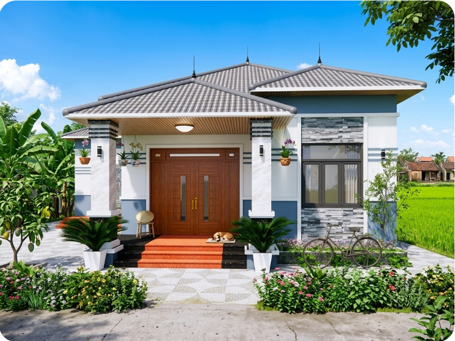 V915 | Bản vẽ thiết kế nhà mái Nhật 1 tầng hiện đại 4 phòng ngủ kích thước 13x15m