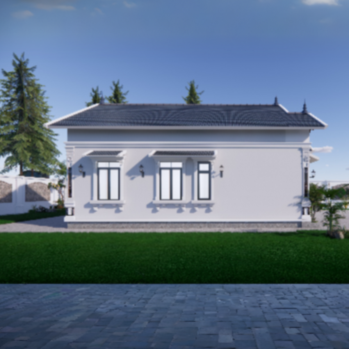 V383 | Bản vẽ thiết kế mẫu nhà cấp 4 mái Thái tân cổ điển, 3 phòng ngủ, kích thước 8.5x12.5m, bản in A3 đẹp, có phối cảnh 3D