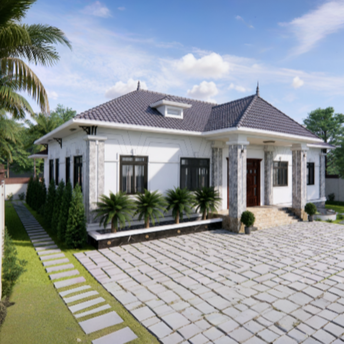 V338 | Bản vẽ thiết kế mẫu nhà vườn cấp 4 mái Nhật rộng rãi 4 phòng ngủ, kích thước 20x9m, bản in A3 đẹp, có phối cảnh 3D